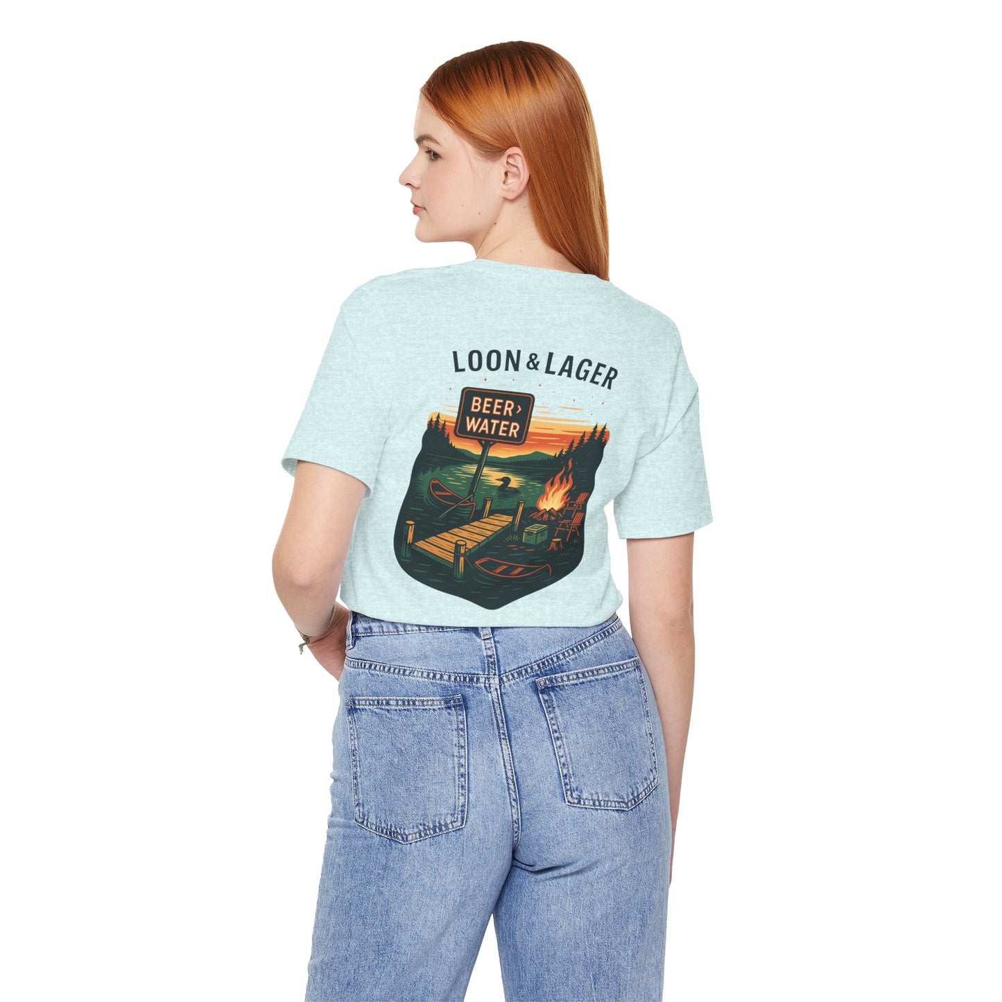 Loon & Lager Tee | Campfire Dock Scene with Canoes, Cooler, and Beer Sign - Playful Northern Lake Night Graphic Back Tee (BC3001)
