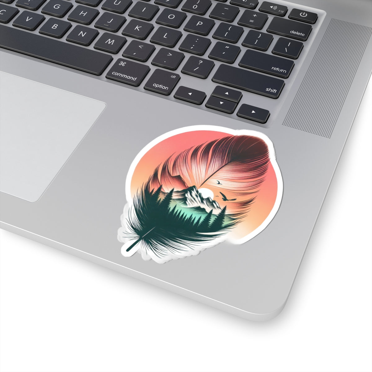 Feathered Wild Sticker | Dreamy Mountain Landscape Inside Feather with Sunset Glow – Nature-Inspired Vinyl Sticker