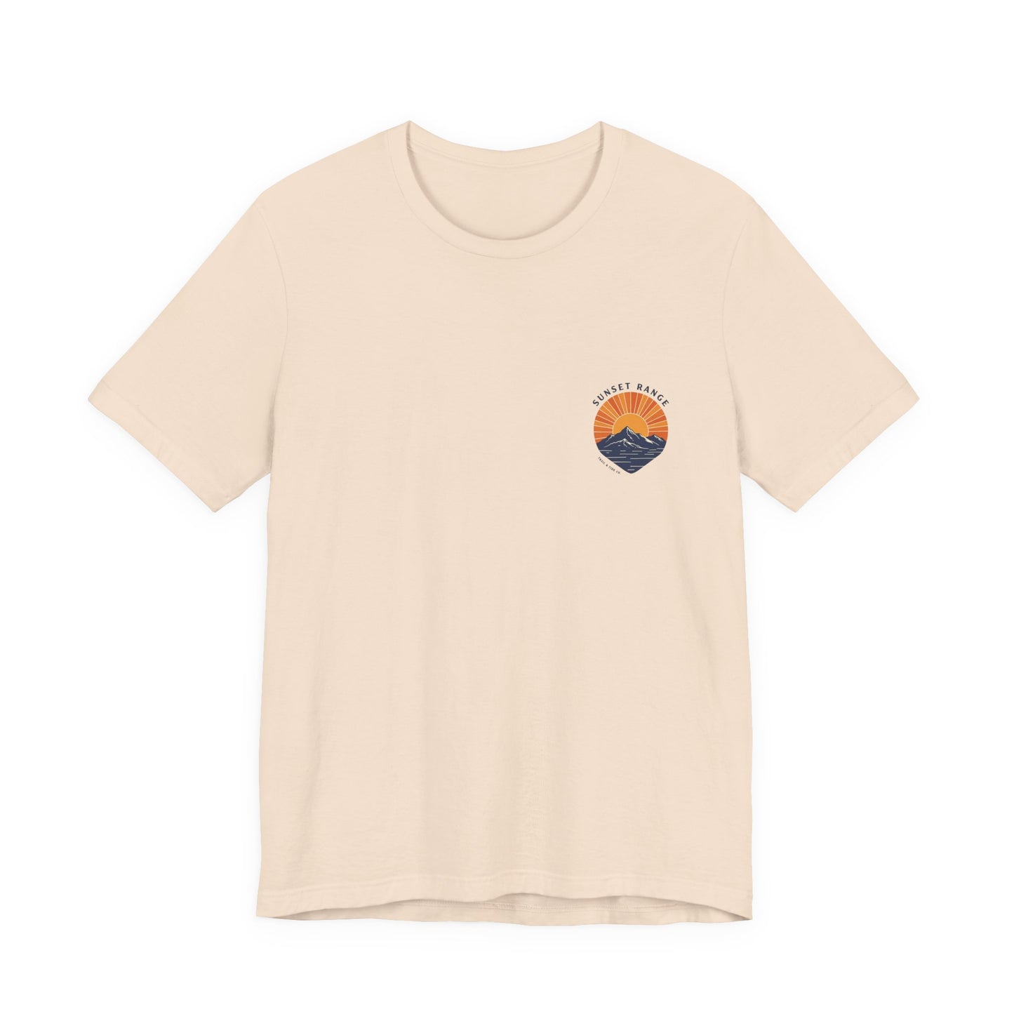 Sunset Range Tee | Vibrant Orange Mountain Landscape with Trail Hiker and Setting Sun - Bold Desert Peak Graphic Tee (BC3001)