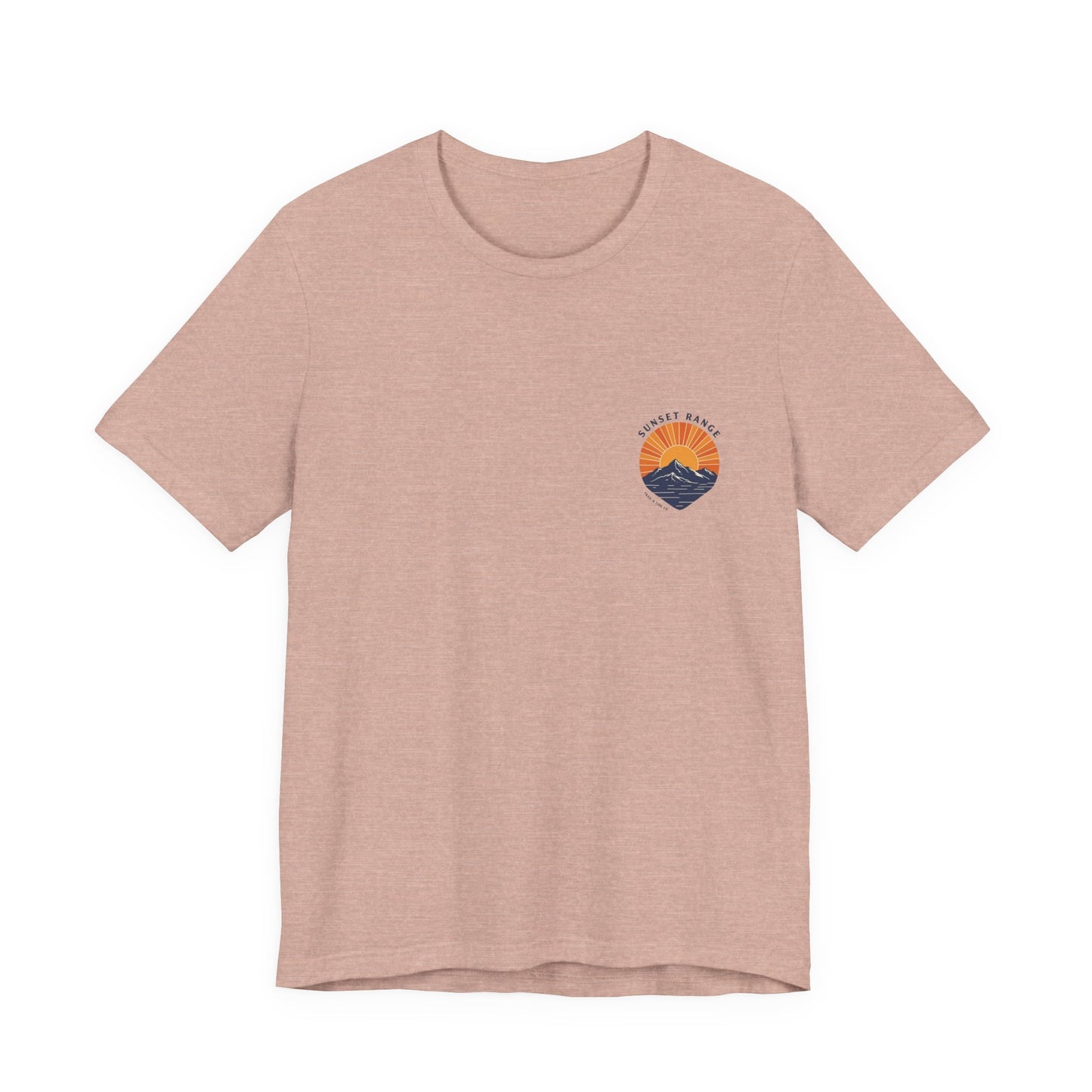 Sunset Range Tee | Vibrant Orange Mountain Landscape with Trail Hiker and Setting Sun - Bold Desert Peak Graphic Tee (BC3001)