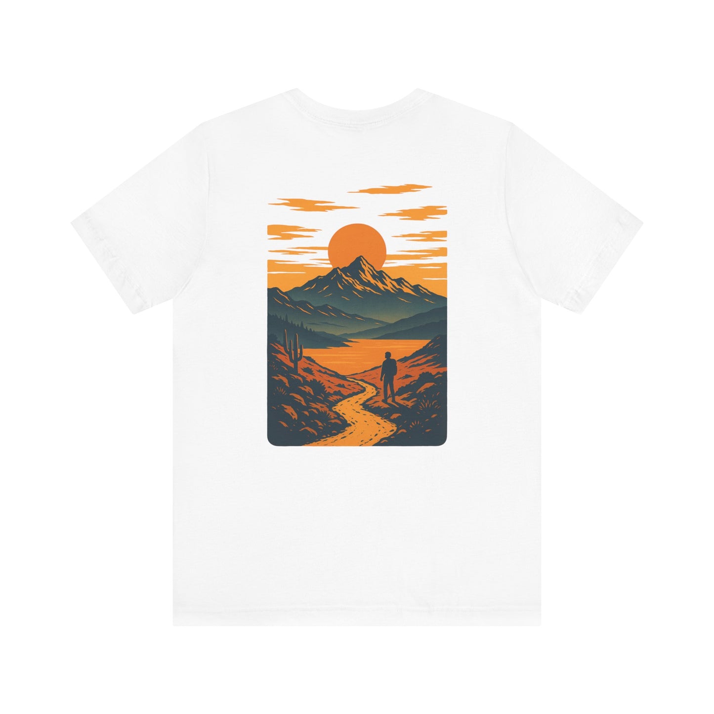 Sunset Range Tee | Vibrant Orange Mountain Landscape with Trail Hiker and Setting Sun - Bold Desert Peak Graphic Tee (BC3001)