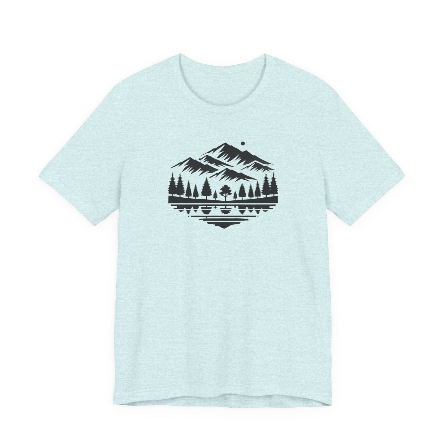 Alpine Reflection Tee | Minimal Mountain Scene with Forest and Lake - Bold Nature Graphic T-Shirt (BC3001)