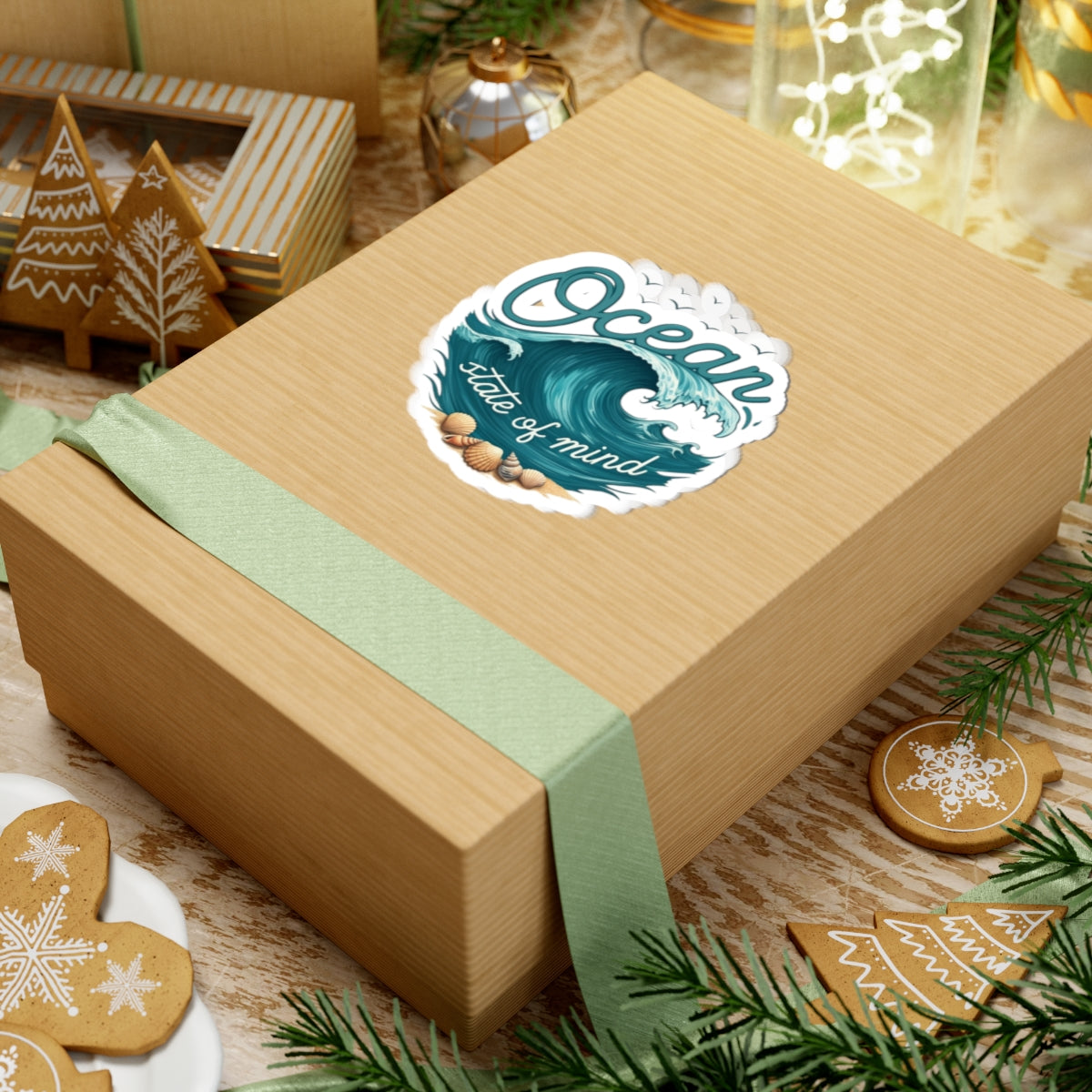 Ocean State of Mind Sticker | Rolling Wave and Seashell Graphic with Coastal Quote - Beach Lover Vinyl Sticker