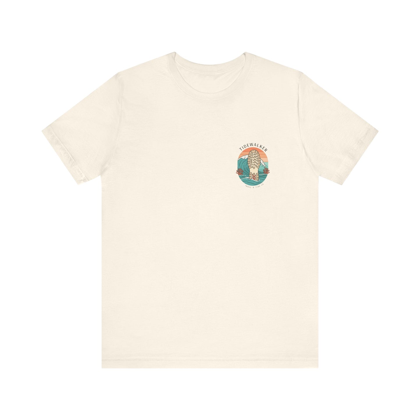 Tidewalker Tee | Coastal Trail Footprints Along Sunset Shore - Beach Walk Graphic Back Tee with Front Crest Patch (BC3001)