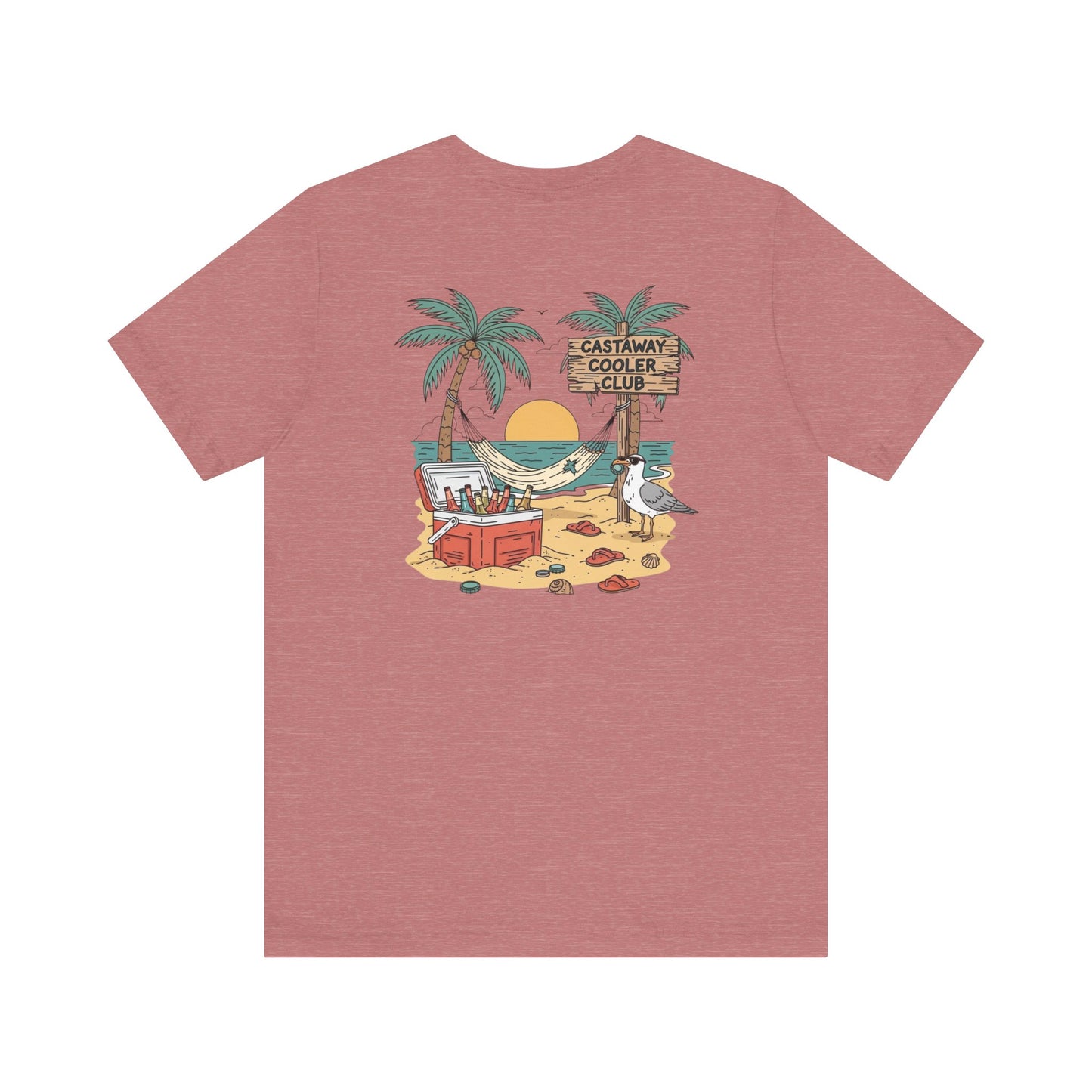 Castaway Cooler Club Tee | Beach Hammock Scene with Palm Trees, Ice Chest, and Sunset - Tropical Island Party Graphic Back Tee (BC3001)