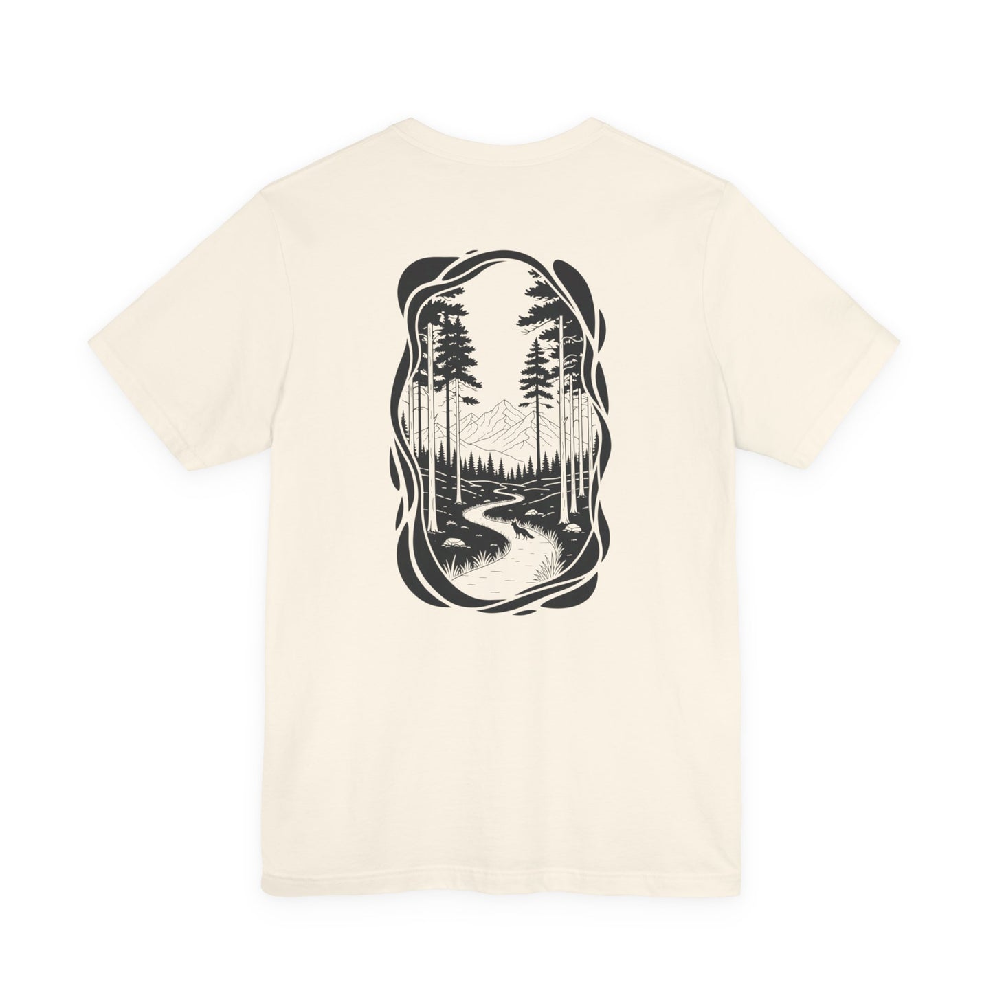 The Trail Ahead Tee | Black & White Forest Path with Mountain Silhouette - Minimalist Nature Scene Graphic Back Tee (BC3001)