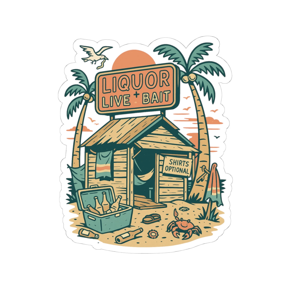 Beach Bait Shack Sticker | Retro Tropical Shack with Neon Sign, Palm Trees, and Cooler – Humorous Coastal Party Graphic Vinyl Sticker