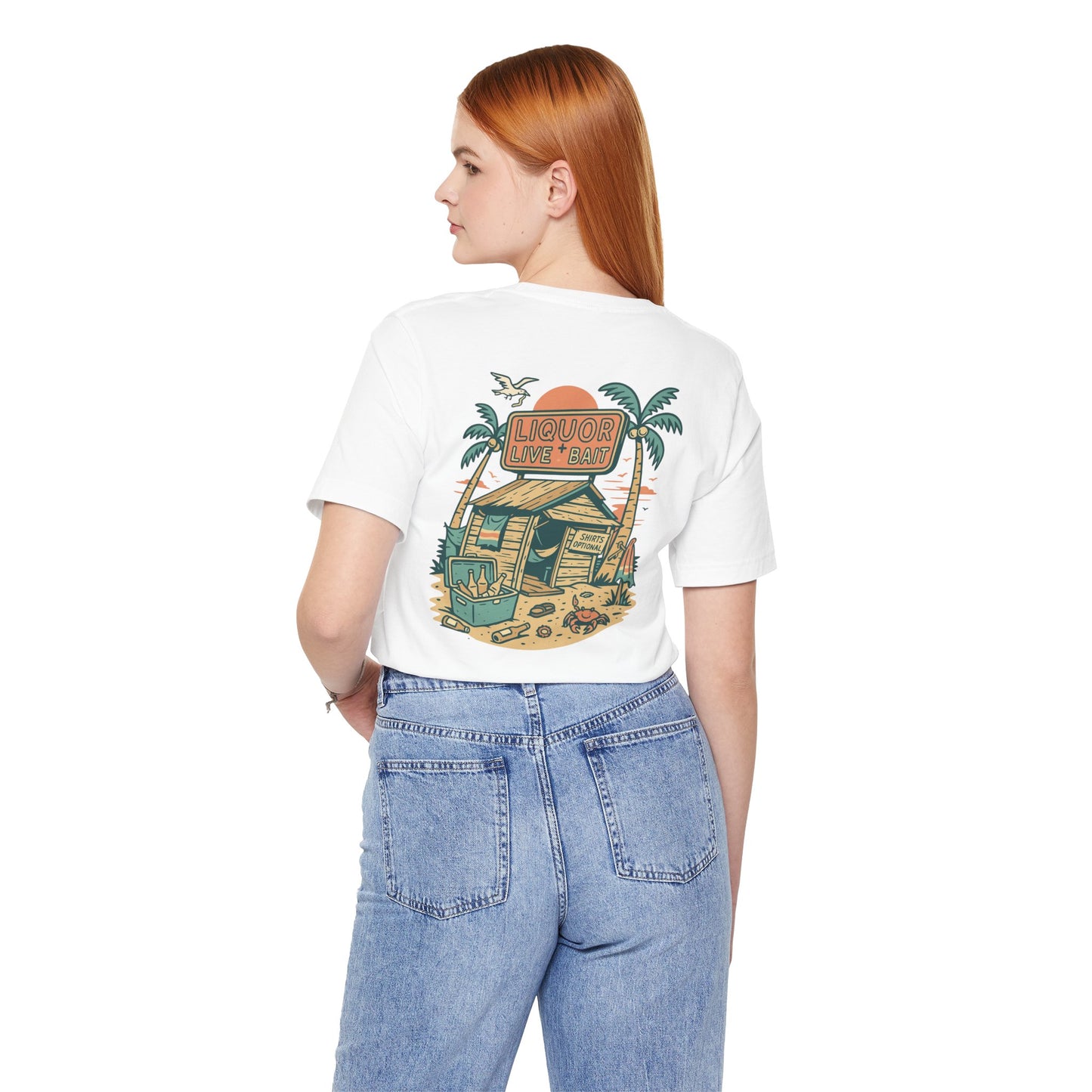 Sunburnt & Buzzed Tee | Tropical Bait Shack with Cooler, Crabs, and Neon Sign - Retro Beach Bar Party Graphic Tee (BC3001)