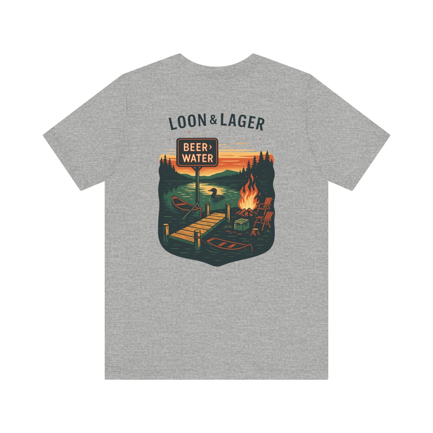 Loon & Lager Tee | Campfire Dock Scene with Canoes, Cooler, and Beer Sign - Playful Northern Lake Night Graphic Back Tee (BC3001)