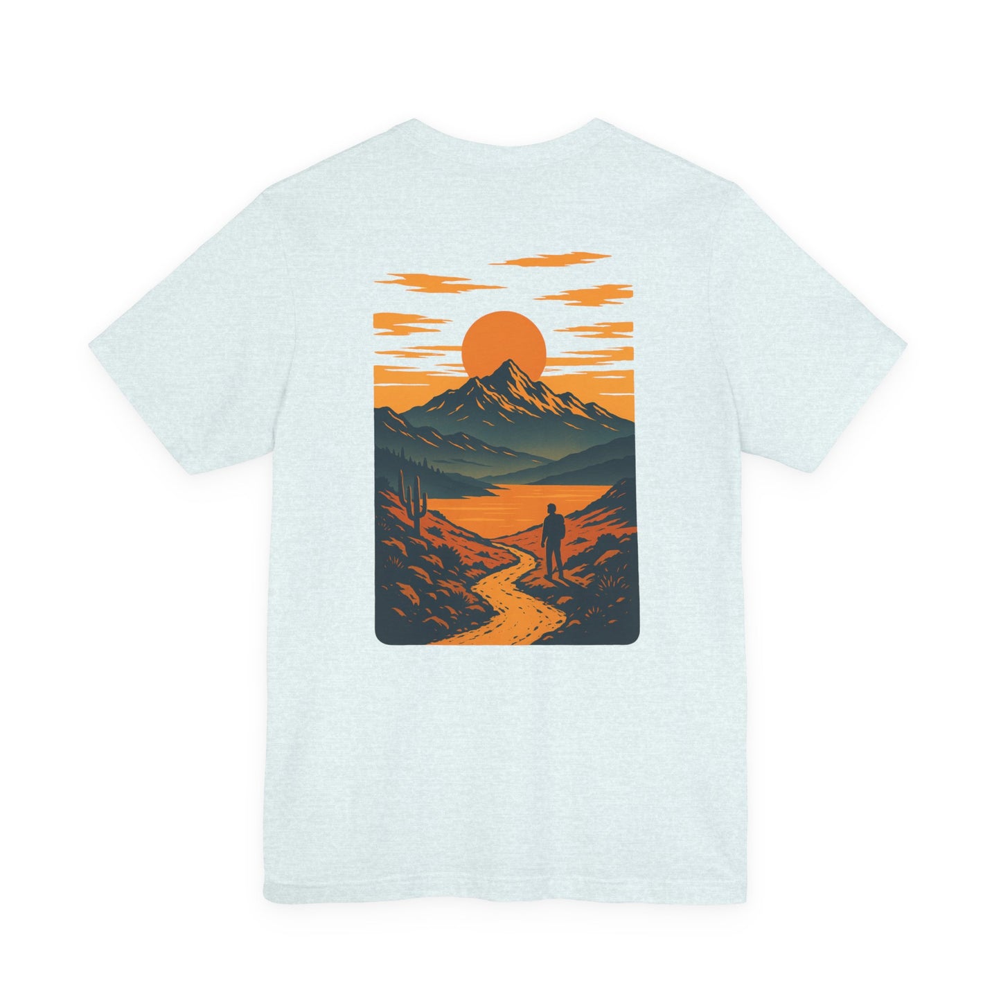 Sunset Range Tee | Vibrant Orange Mountain Landscape with Trail Hiker and Setting Sun - Bold Desert Peak Graphic Tee (BC3001)