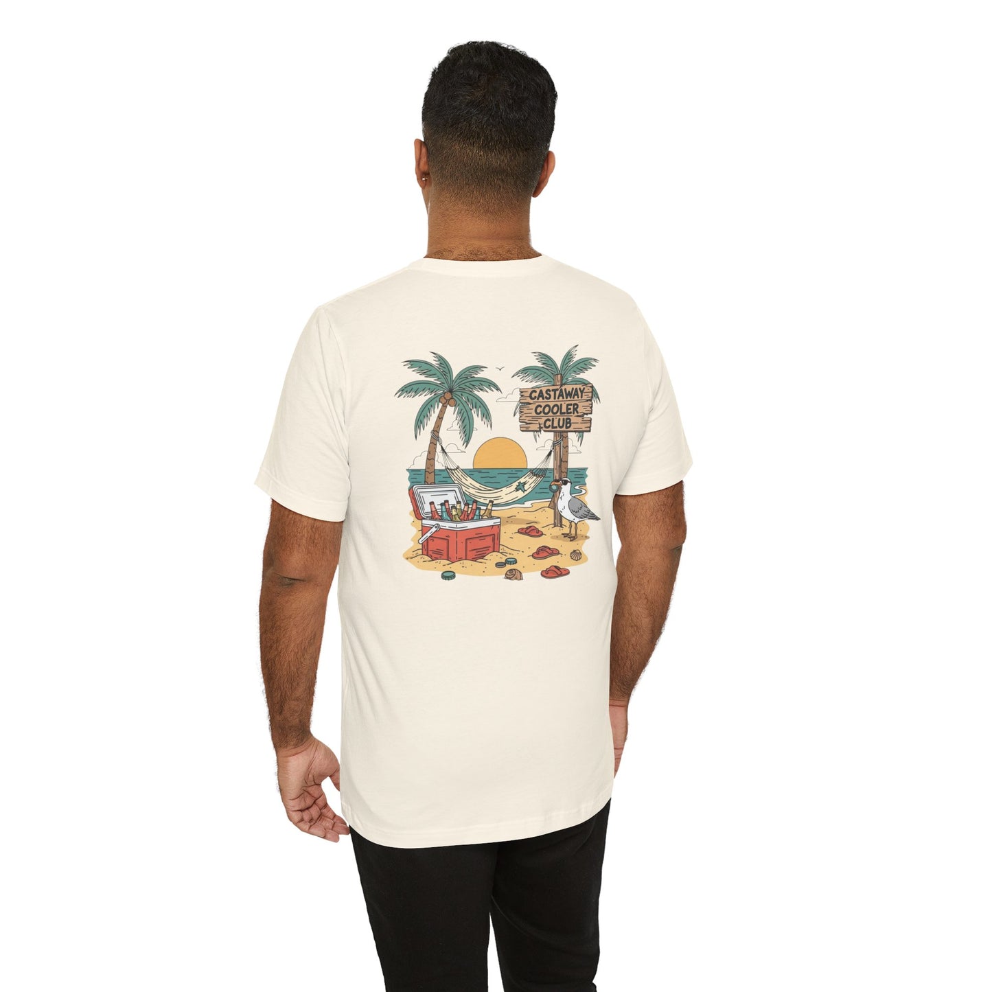Castaway Cooler Club Tee | Beach Hammock Scene with Palm Trees, Ice Chest, and Sunset - Tropical Island Party Graphic Back Tee (BC3001)
