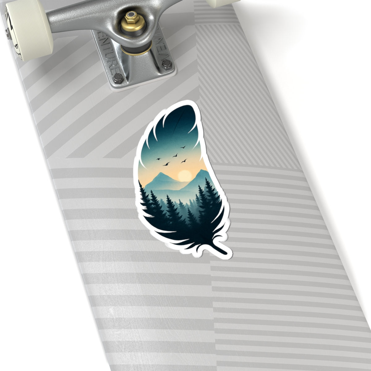 Feather Dusk Sticker | Tranquil Forest and Mountain Scene Inside Feather – Soft Sunset Wilderness Vinyl Sticker