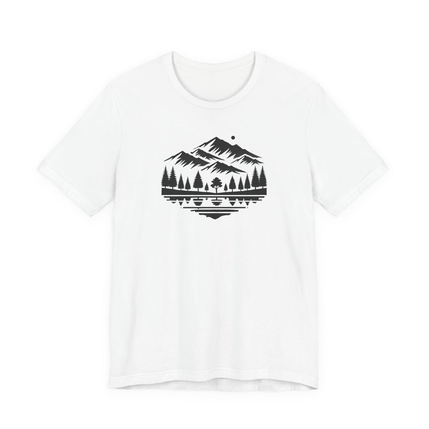 Alpine Reflection Tee | Minimal Mountain Scene with Forest and Lake - Bold Nature Graphic T-Shirt (BC3001)