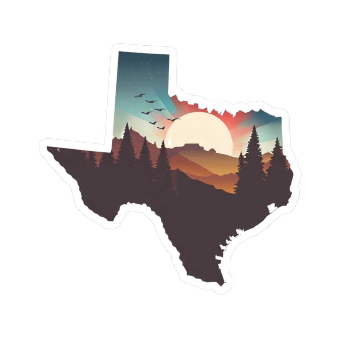 Texas Trail Sunset Sticker | Southwest Desert Landscape Inside Texas State Shape – Cactus, Cliffs & Sunset Wilderness Vinyl Sticker