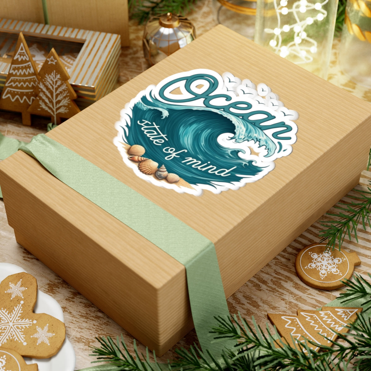 Ocean State of Mind Sticker | Rolling Wave and Seashell Graphic with Coastal Quote - Beach Lover Vinyl Sticker