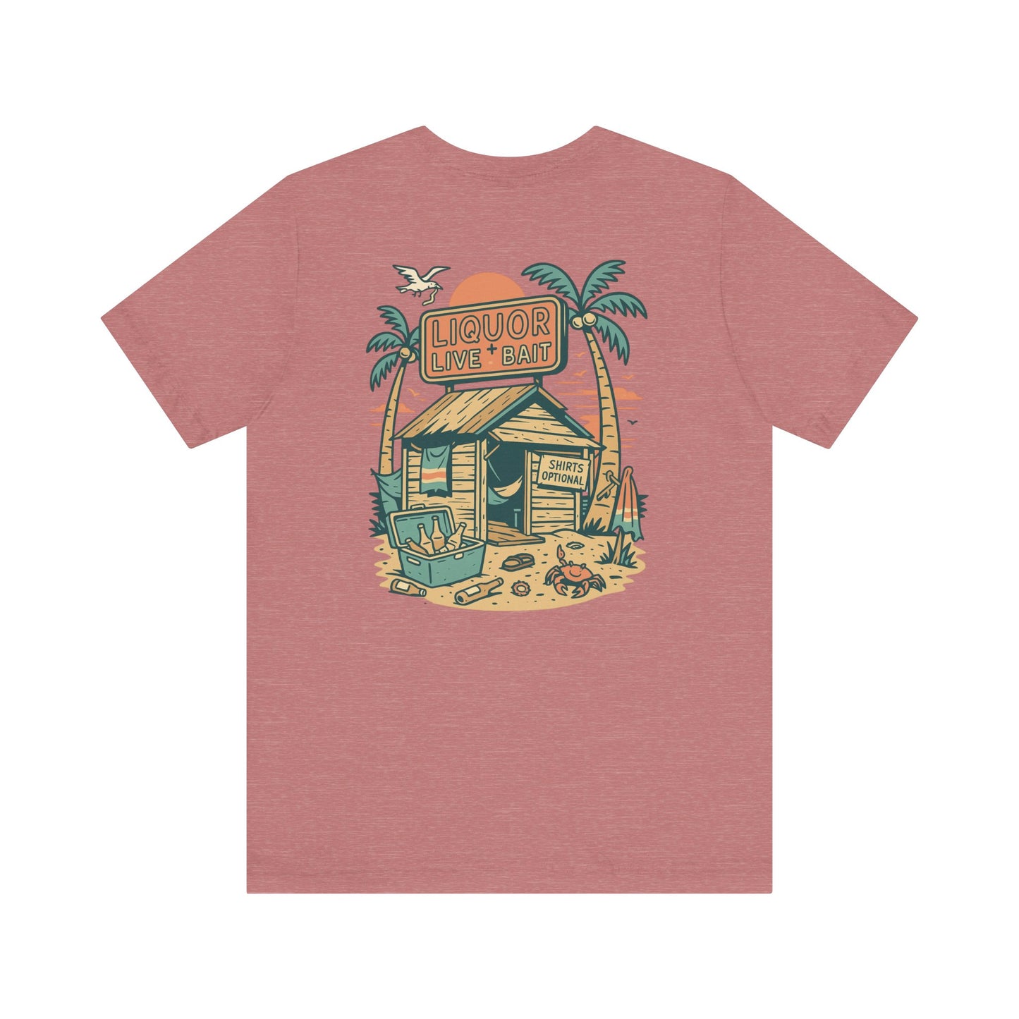 Sunburnt & Buzzed Tee | Tropical Bait Shack with Cooler, Crabs, and Neon Sign - Retro Beach Bar Party Graphic Tee (BC3001)