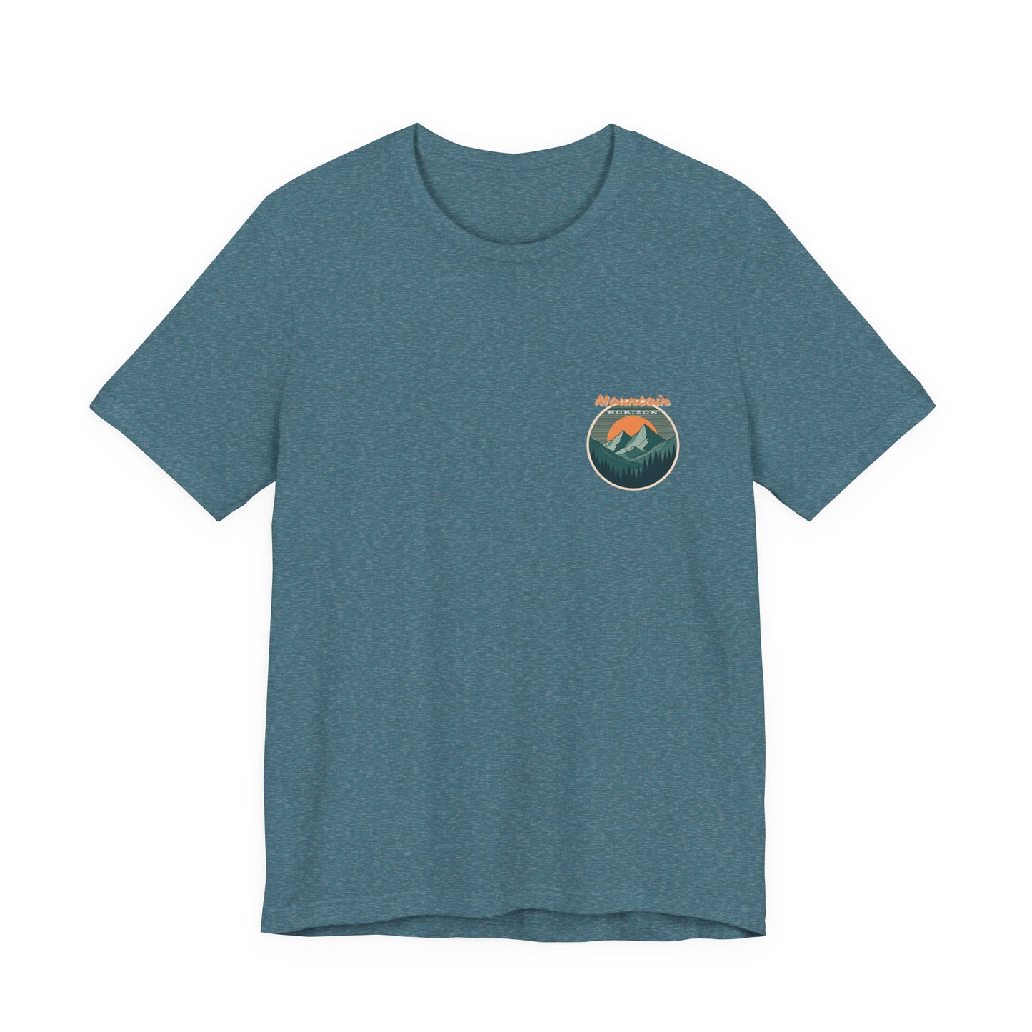 Mountain Horizon Tee | Bold Wilderness Scene with Sunset Peaks and Pine Reflection - Adventure Graphic Shirt (BC3001)