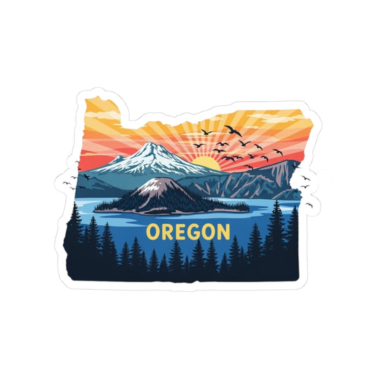 Peaks of Oregon Sticker | Oregon State Outline with Mt. Hood, Sunrise Sky, and Pine Forest – Vibrant PNW Wilderness Vinyl Sticker