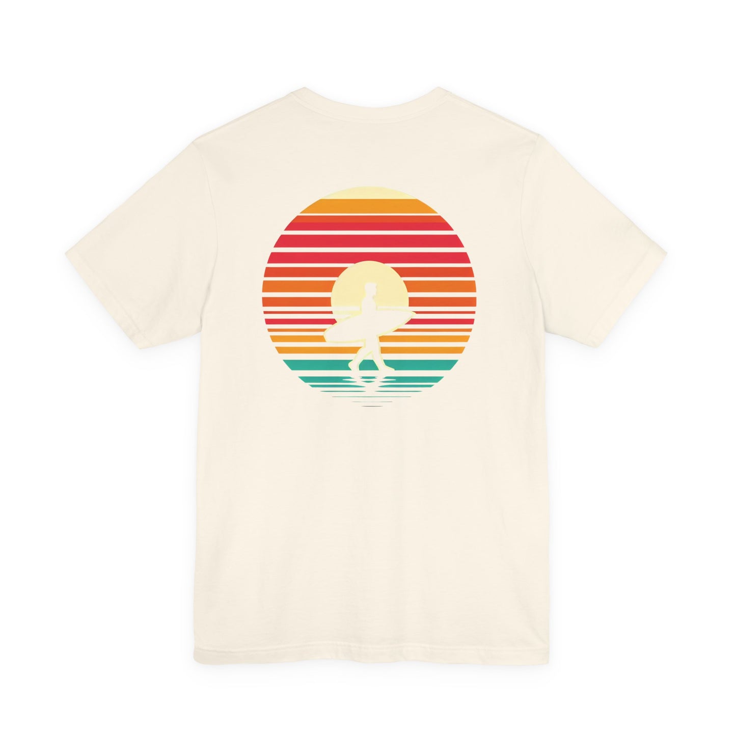 Sunset Surfer Tee | Retro Surf Silhouette with Bold Sunset Stripes - Beach Vibes Graphic Tee (BC3001)