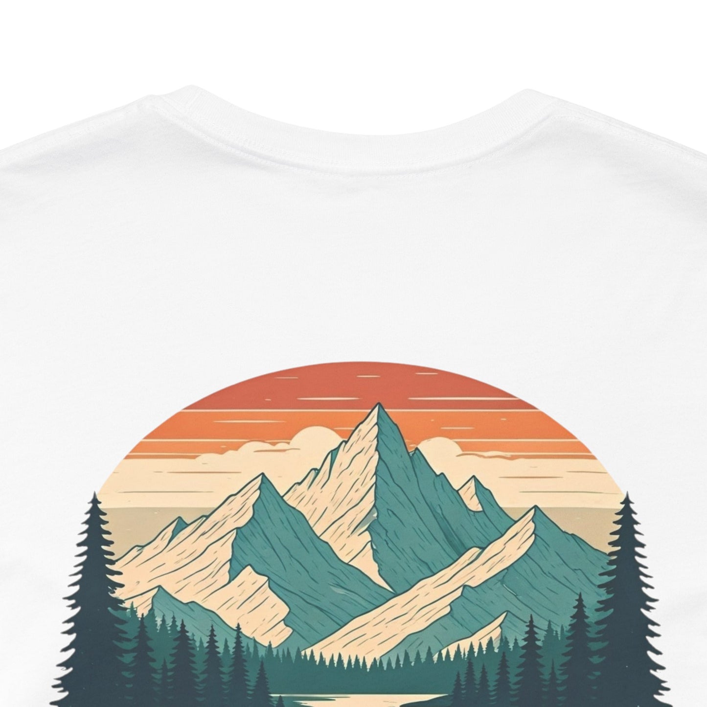 Mountain Horizon Tee | Bold Wilderness Scene with Sunset Peaks and Pine Reflection - Adventure Graphic Shirt (BC3001)
