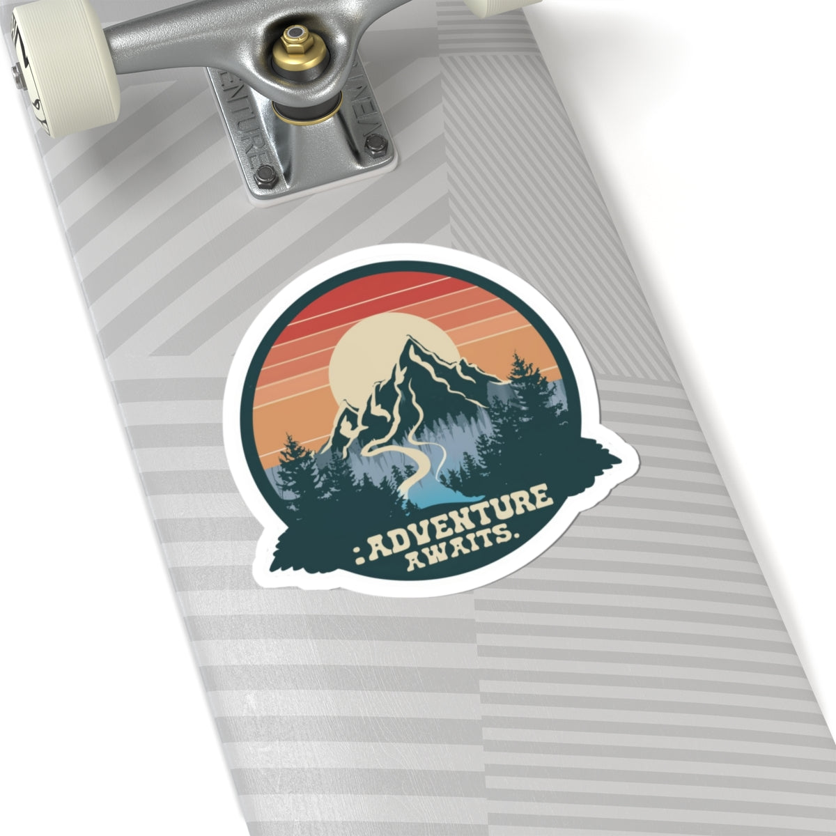 Adventure Awaits Sticker | Retro Mountain Landscape with River and Sunset – Scenic Wilderness Travel Graphic Vinyl Sticker