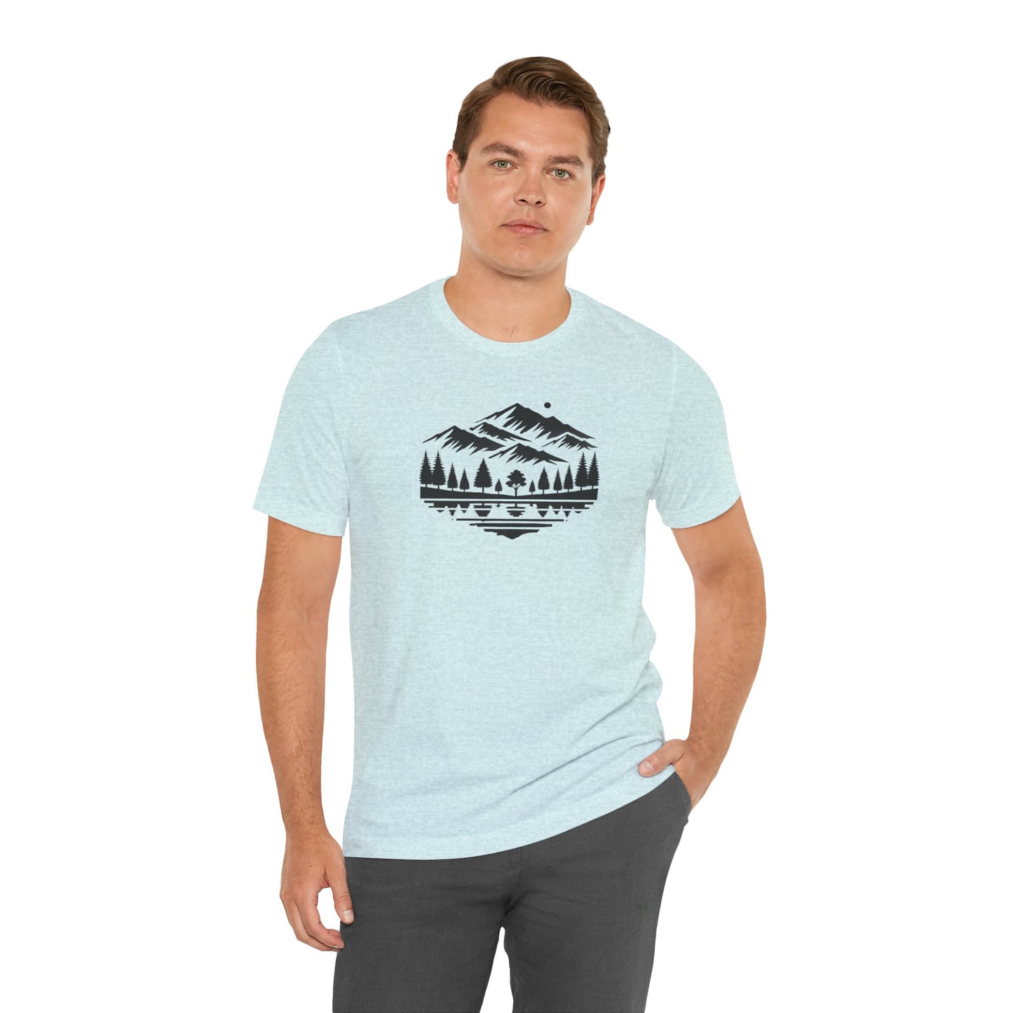 Alpine Reflection Tee | Minimal Mountain Scene with Forest and Lake - Bold Nature Graphic T-Shirt (BC3001)