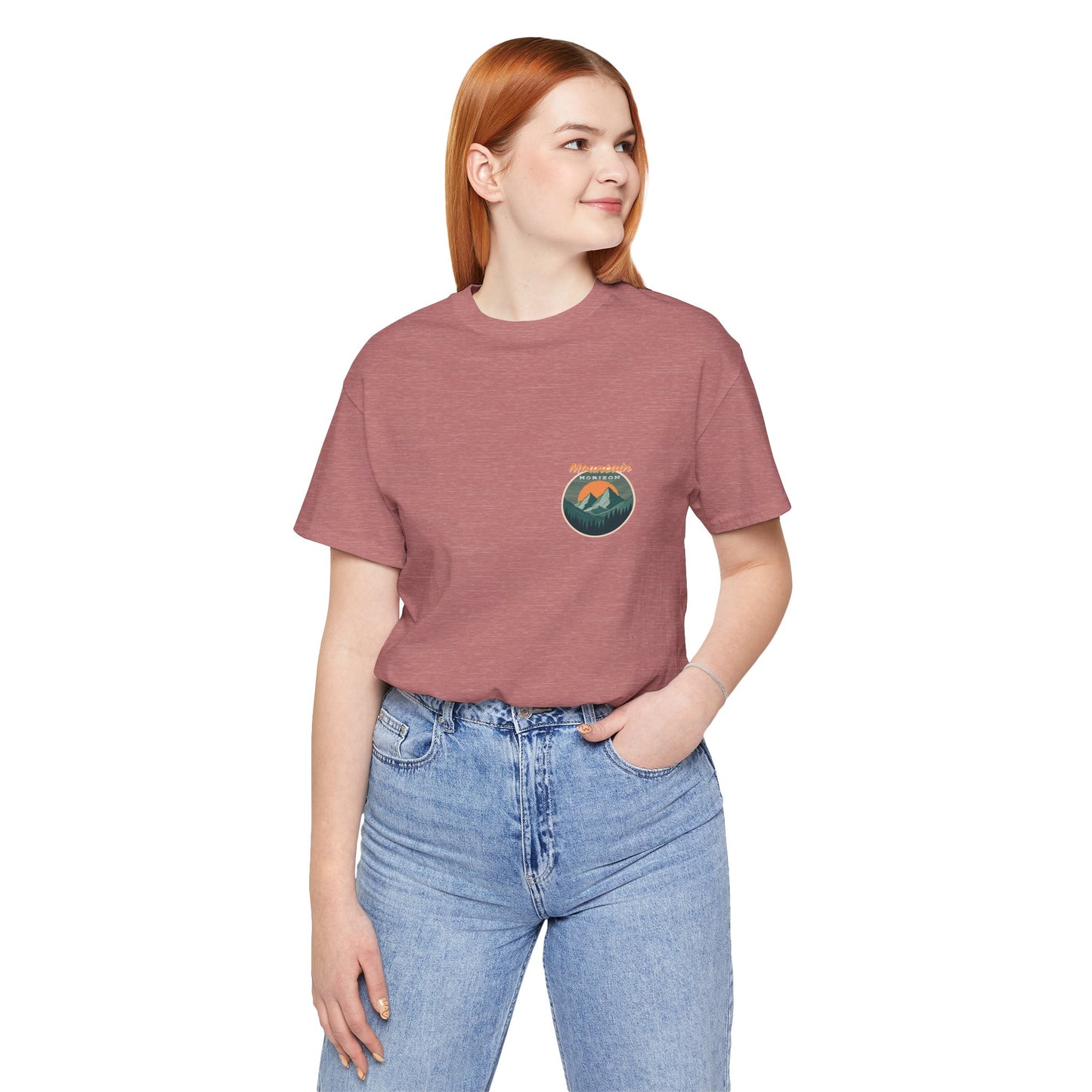 Mountain Horizon Tee | Bold Wilderness Scene with Sunset Peaks and Pine Reflection - Adventure Graphic Shirt (BC3001)