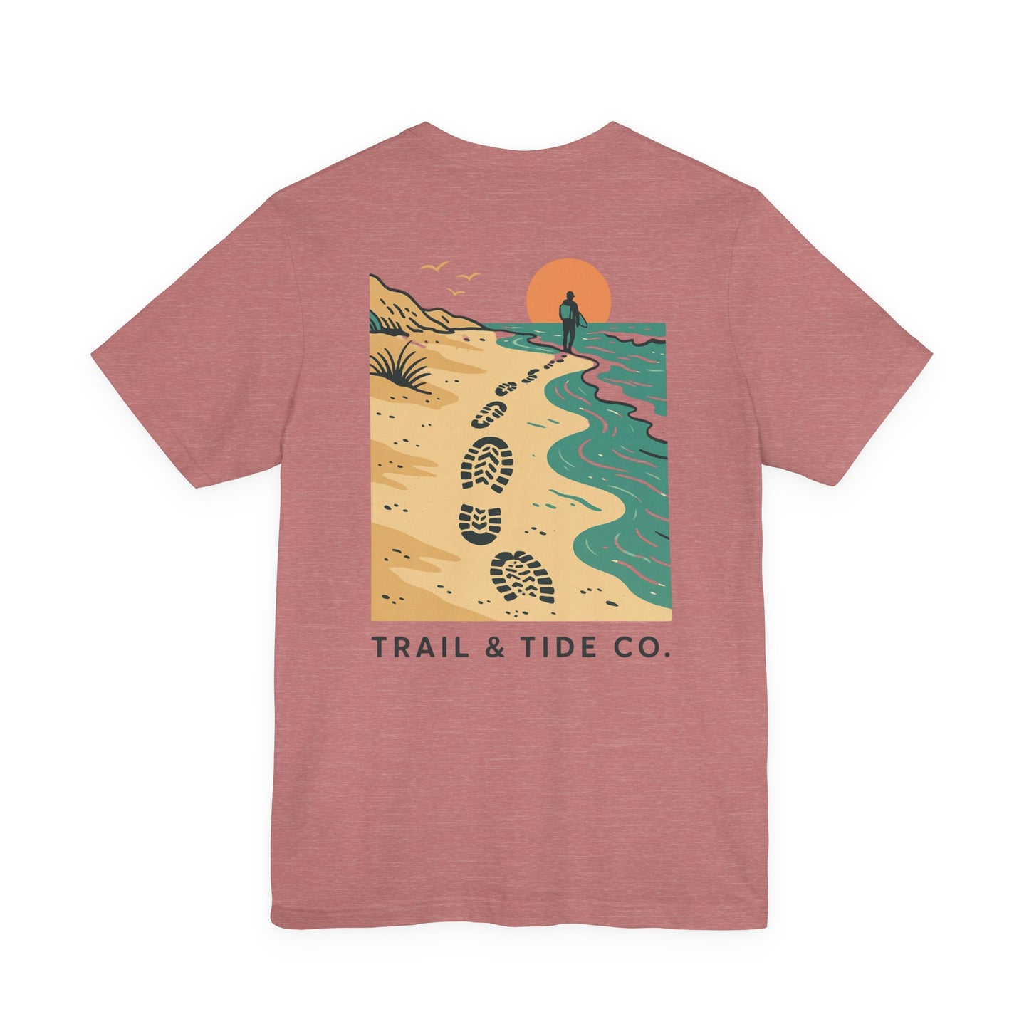 Tidewalker Tee | Coastal Trail Footprints Along Sunset Shore - Beach Walk Graphic Back Tee with Front Crest Patch (BC3001)