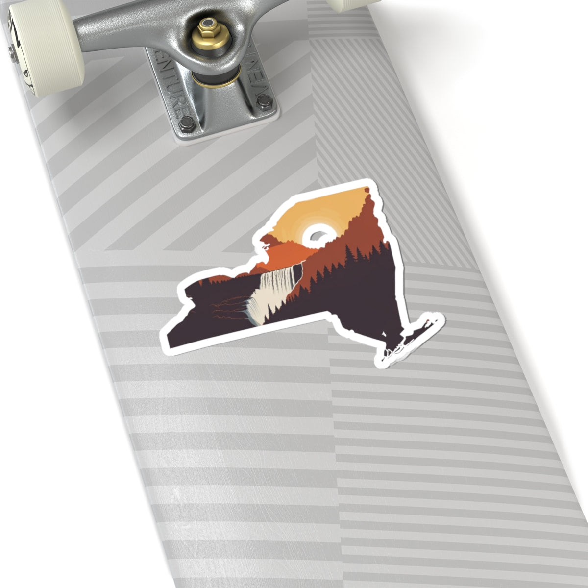 New York Summit Sticker | Adirondack Peaks with Sunset in State Silhouette – Bold Wilderness Mountain Vinyl Sticker