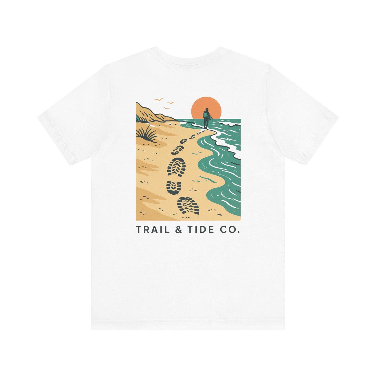 Tidewalker Tee | Coastal Trail Footprints Along Sunset Shore - Beach Walk Graphic Back Tee with Front Crest Patch (BC3001)