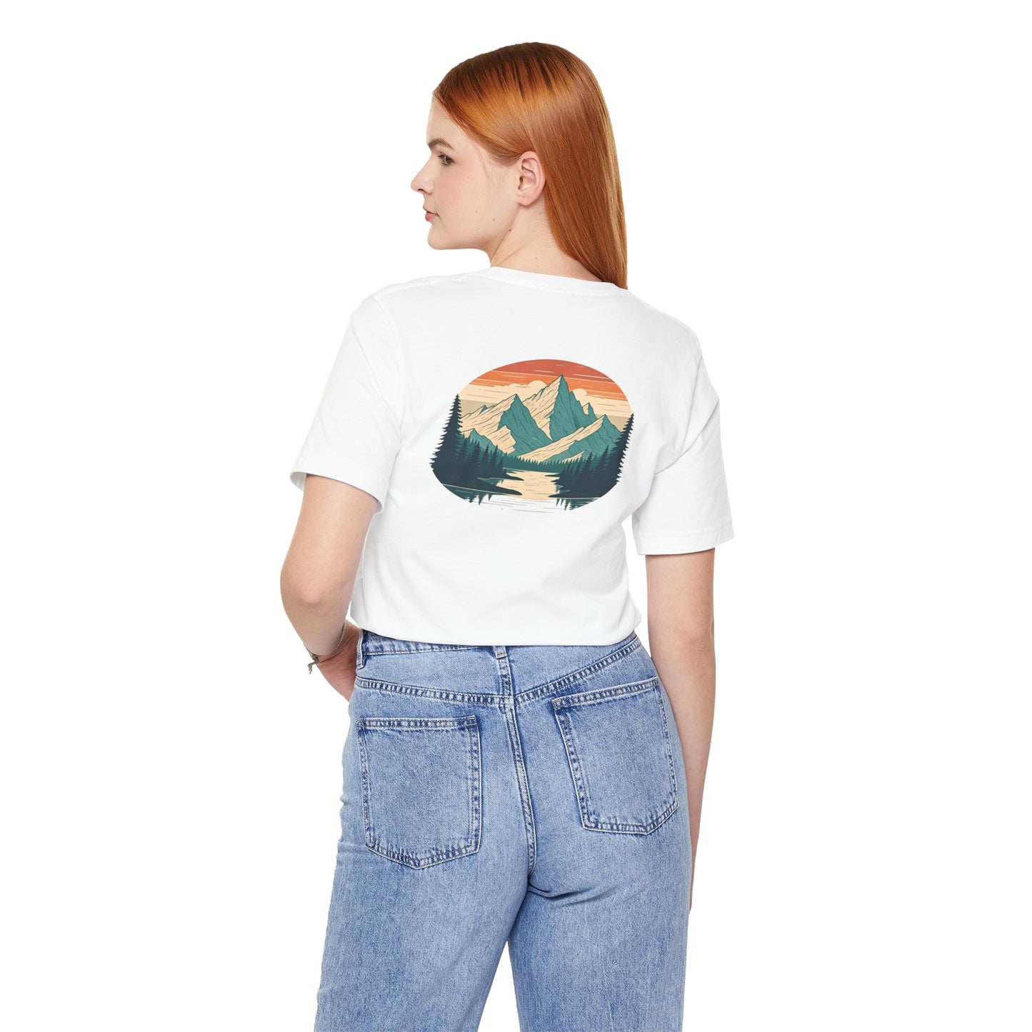 Mountain Horizon Tee | Bold Wilderness Scene with Sunset Peaks and Pine Reflection - Adventure Graphic Shirt (BC3001)