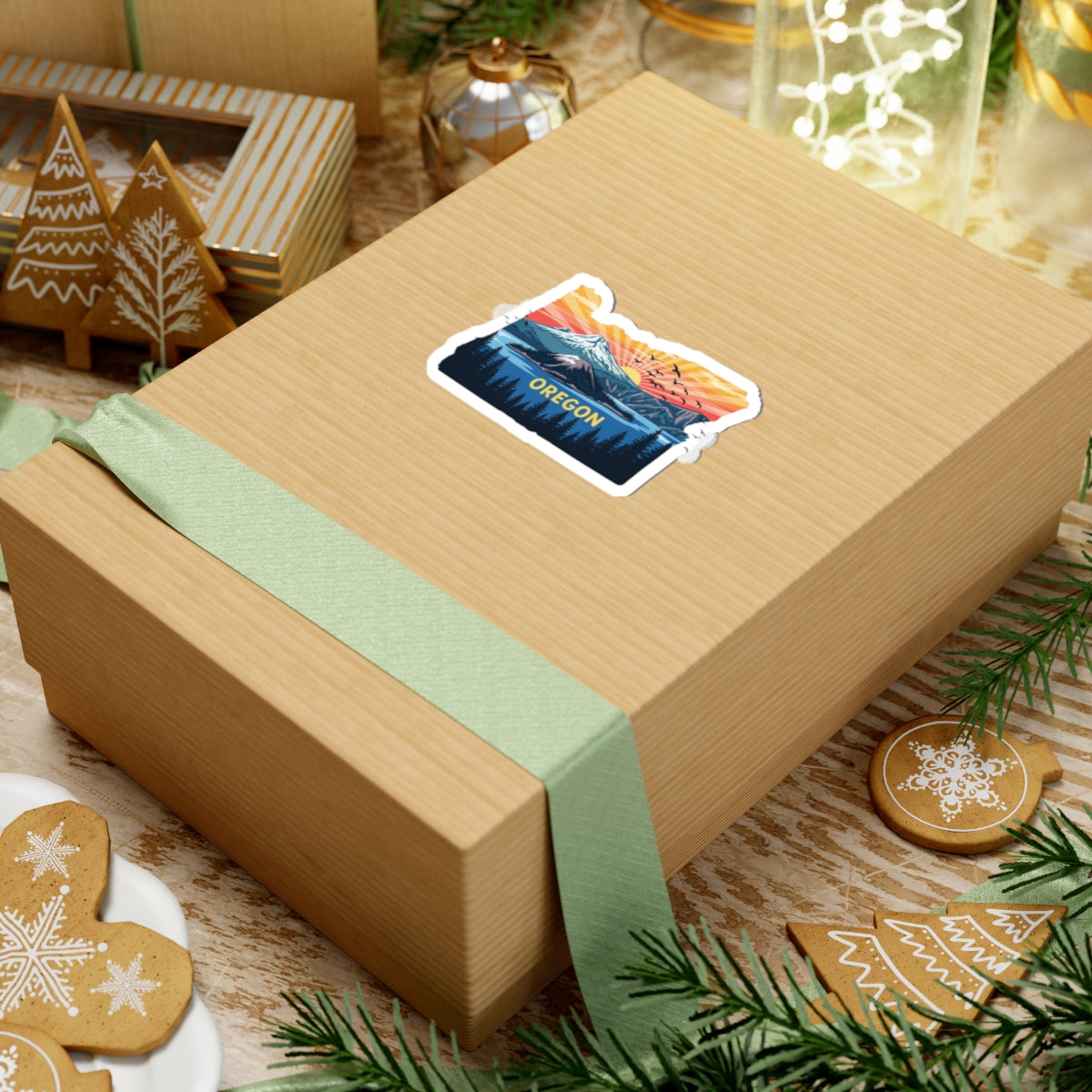 Peaks of Oregon Sticker | Oregon State Outline with Mt. Hood, Sunrise Sky, and Pine Forest – Vibrant PNW Wilderness Vinyl Sticker