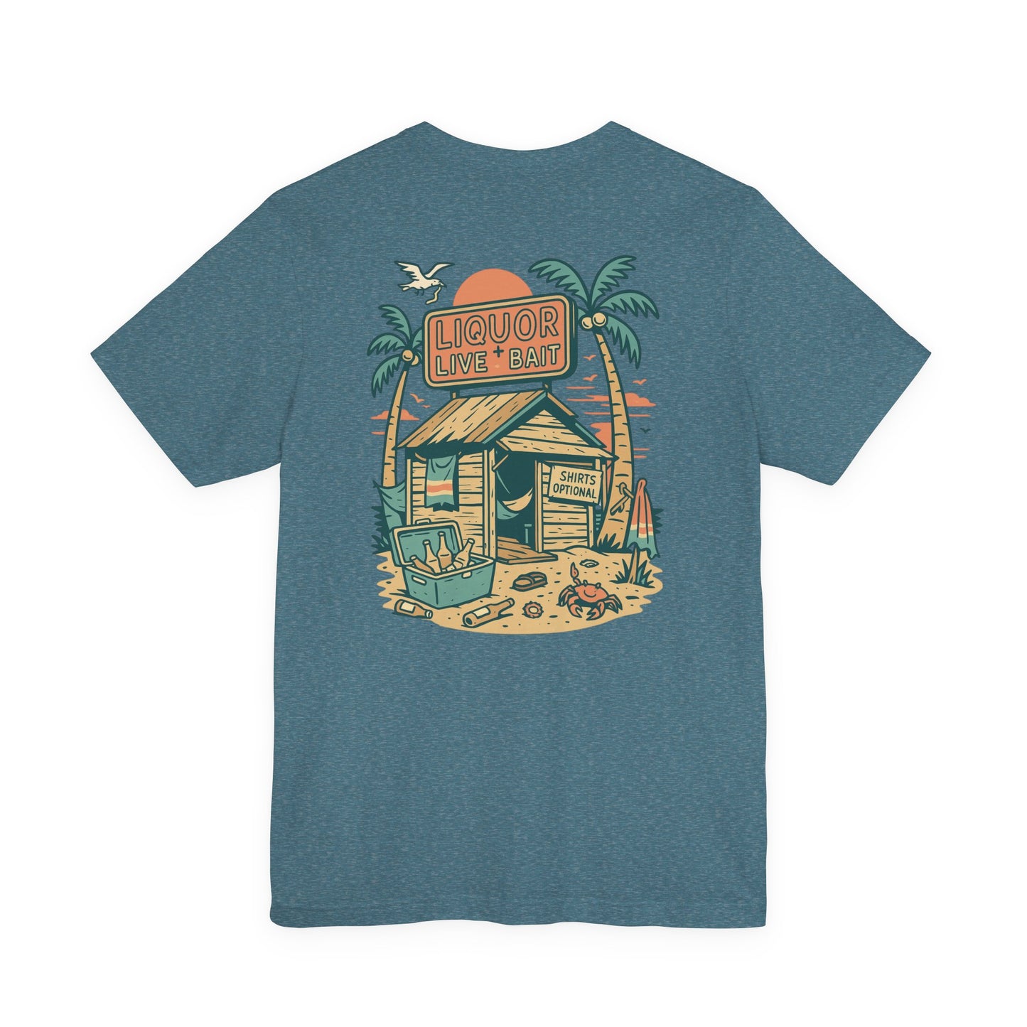 Sunburnt & Buzzed Tee | Tropical Bait Shack with Cooler, Crabs, and Neon Sign - Retro Beach Bar Party Graphic Tee (BC3001)