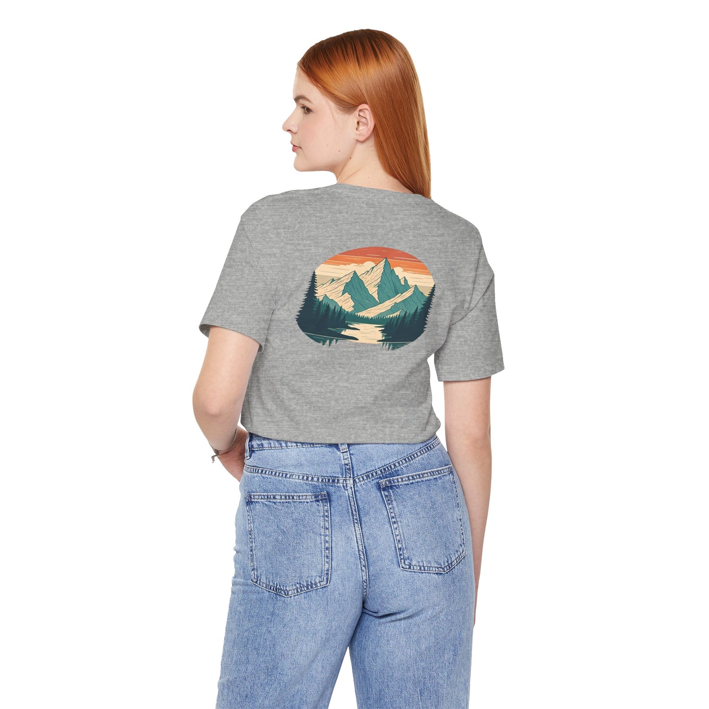 Mountain Horizon Tee | Bold Wilderness Scene with Sunset Peaks and Pine Reflection - Adventure Graphic Shirt (BC3001)
