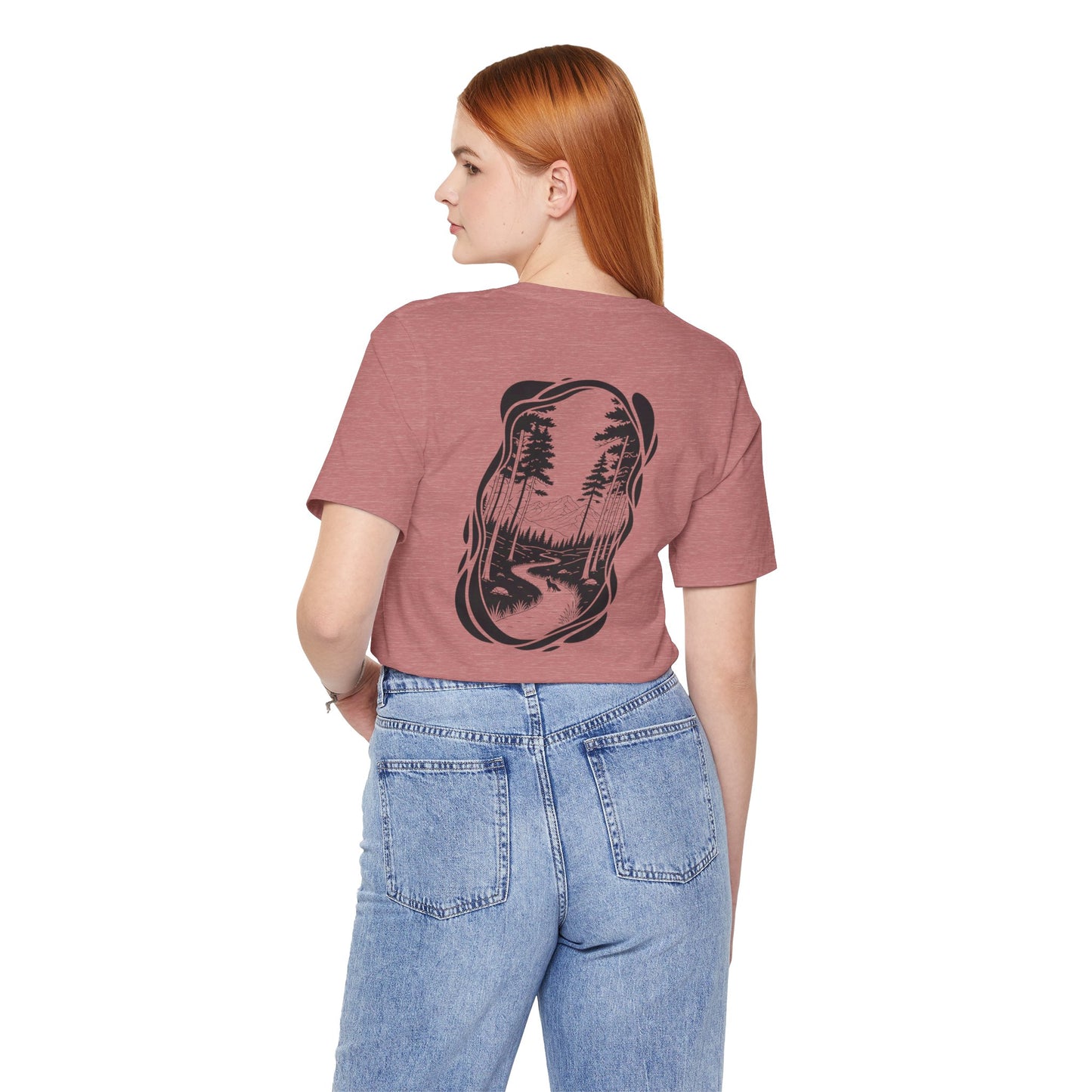 The Trail Ahead Tee | Black & White Forest Path with Mountain Silhouette - Minimalist Nature Scene Graphic Back Tee (BC3001)