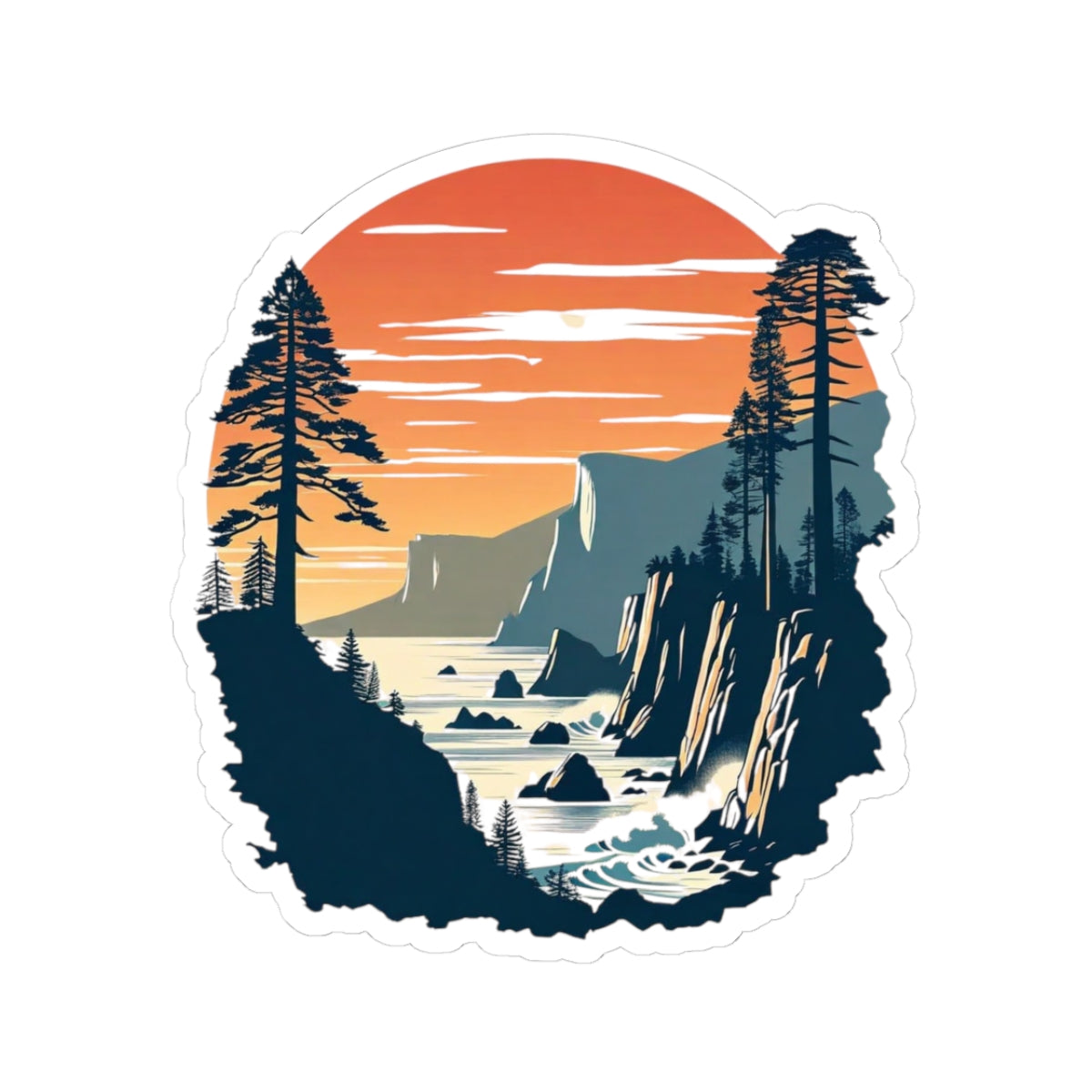 Pacific Cliffs Sticker | Dramatic Cliffs with Ocean Horizon and Sunset Sky – Retro Coastal Wilderness Vinyl Sticker