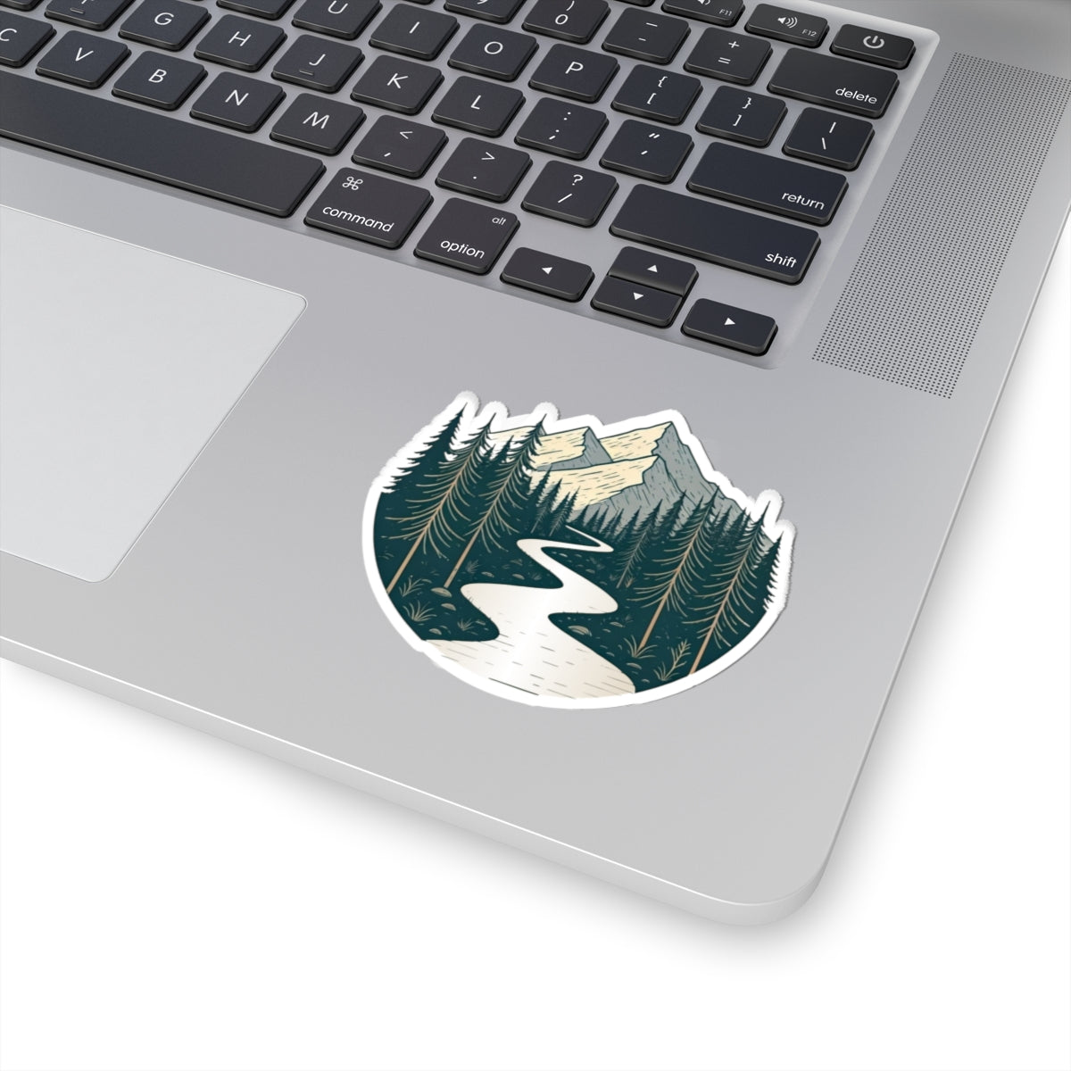 Alpine River Sticker | Winding Stream Through Pines and Peaks – Nature Mountain Scene Vinyl Sticker