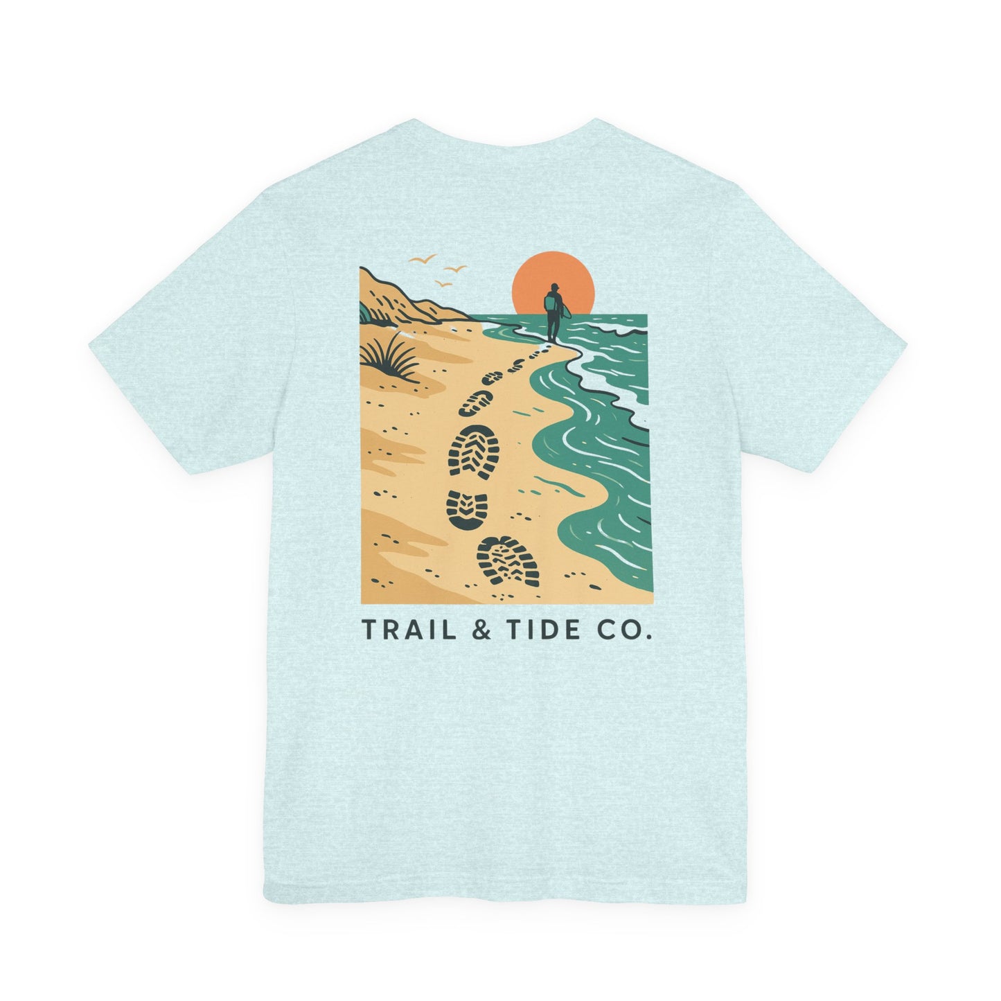 Tidewalker Tee | Coastal Trail Footprints Along Sunset Shore - Beach Walk Graphic Back Tee with Front Crest Patch (BC3001)