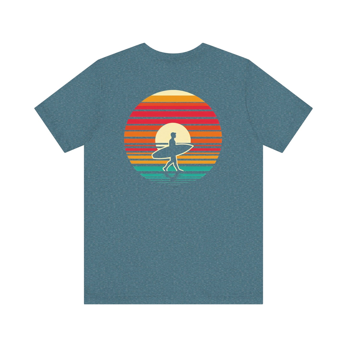 Sunset Surfer Tee | Retro Surf Silhouette with Bold Sunset Stripes - Beach Vibes Graphic Tee (BC3001)