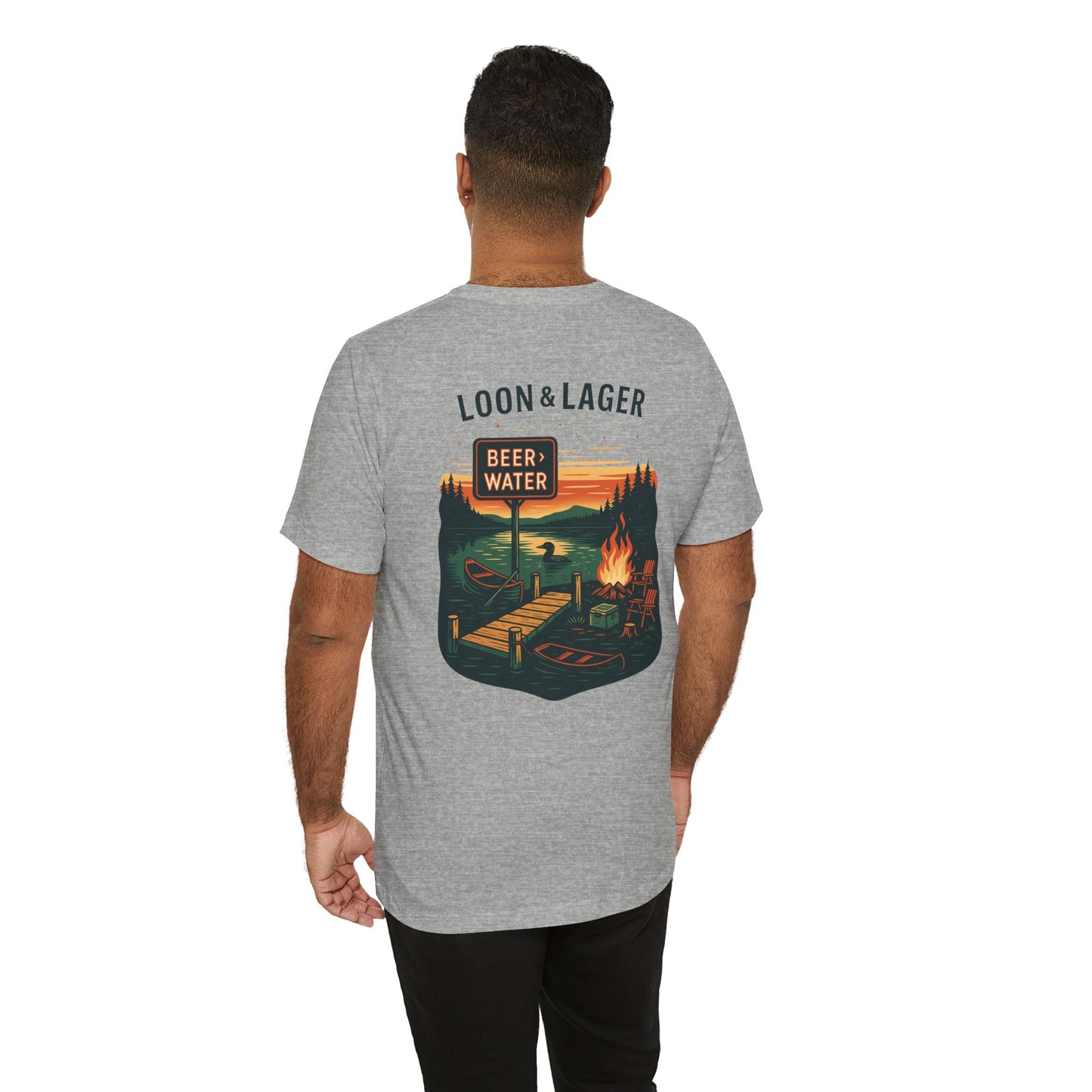 Loon & Lager Tee | Campfire Dock Scene with Canoes, Cooler, and Beer Sign - Playful Northern Lake Night Graphic Back Tee (BC3001)