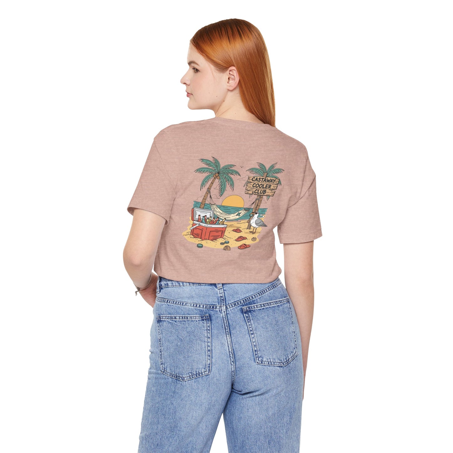 Castaway Cooler Club Tee | Beach Hammock Scene with Palm Trees, Ice Chest, and Sunset - Tropical Island Party Graphic Back Tee (BC3001)