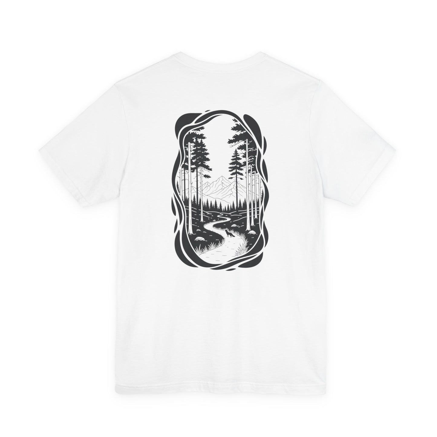 The Trail Ahead Tee | Black & White Forest Path with Mountain Silhouette - Minimalist Nature Scene Graphic Back Tee (BC3001)