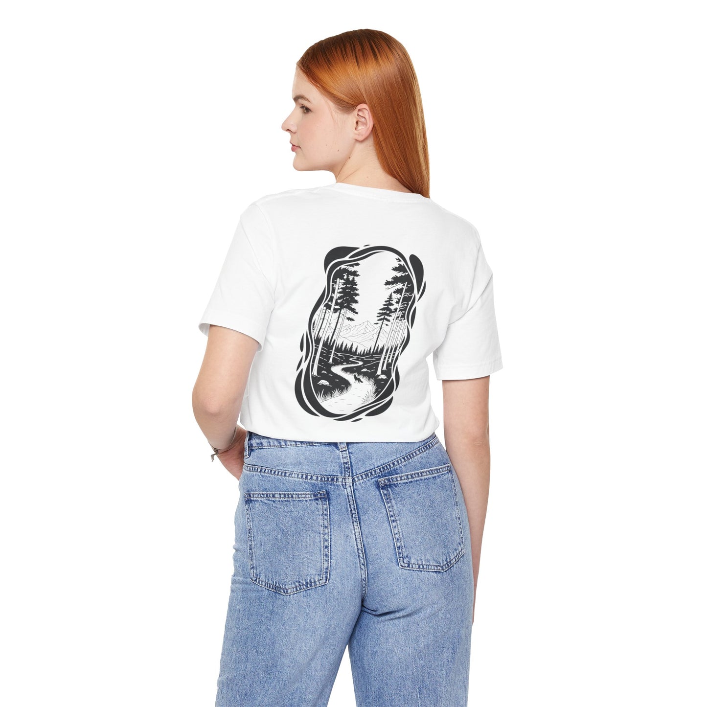 The Trail Ahead Tee | Black & White Forest Path with Mountain Silhouette - Minimalist Nature Scene Graphic Back Tee (BC3001)