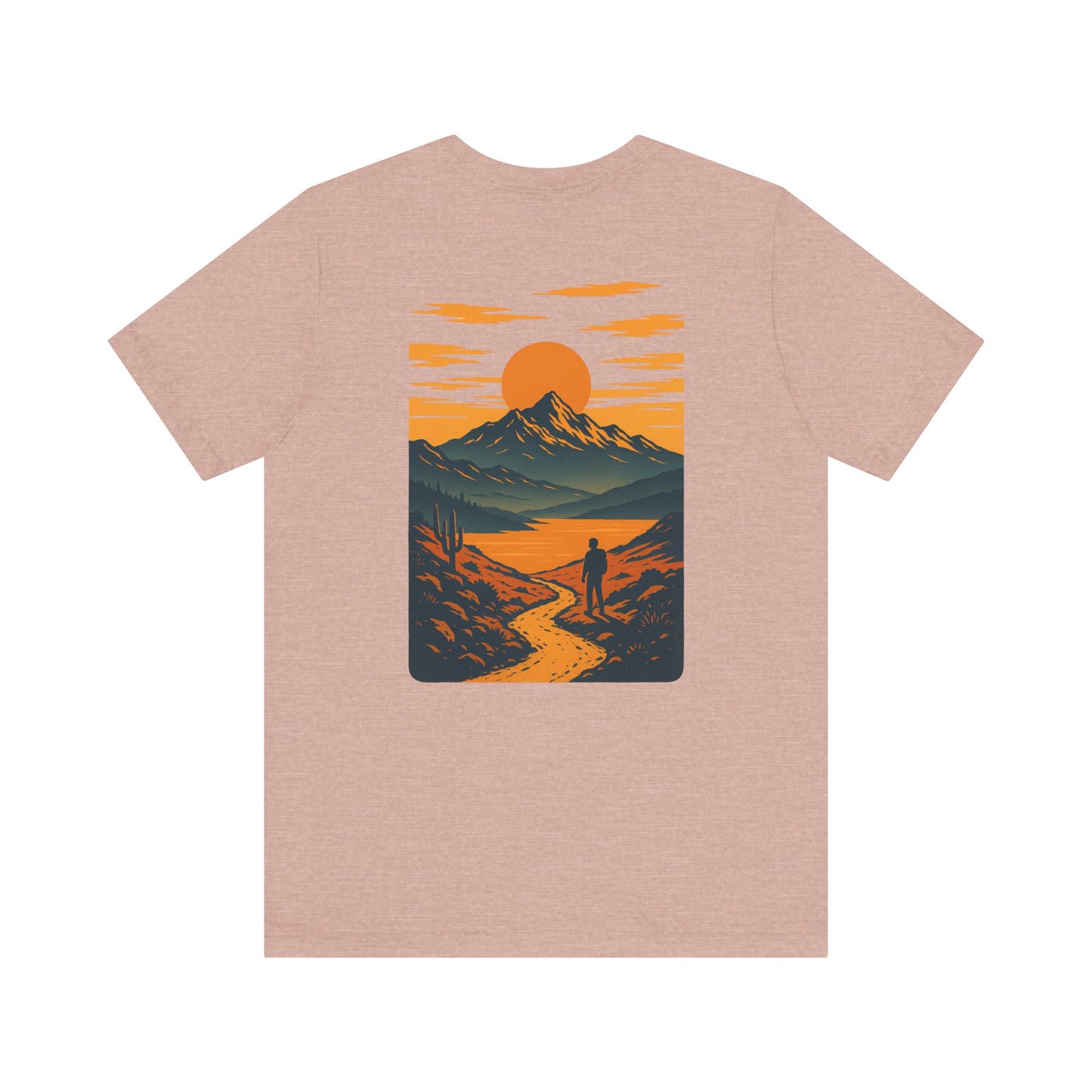 Sunset Range Tee | Vibrant Orange Mountain Landscape with Trail Hiker and Setting Sun - Bold Desert Peak Graphic Tee (BC3001)
