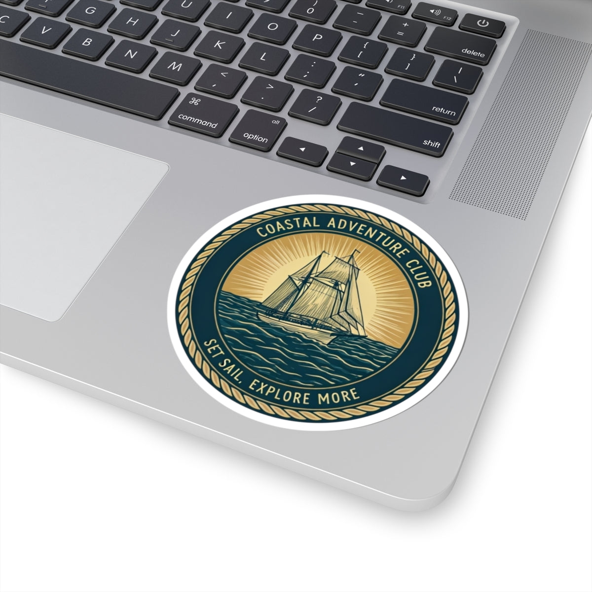 Coastal Adventure Club Sticker | Nautical Sailboat Emblem with Vintage Rope Border – Set Sail & Explore Vinyl Sticker