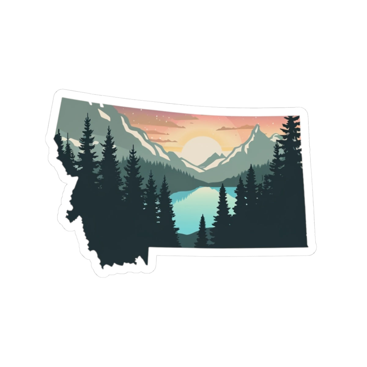 Montana Sunrise Sticker | Scenic Mountain Lake Through Forest Silhouette – Tranquil Wilderness State Vinyl Sticker
