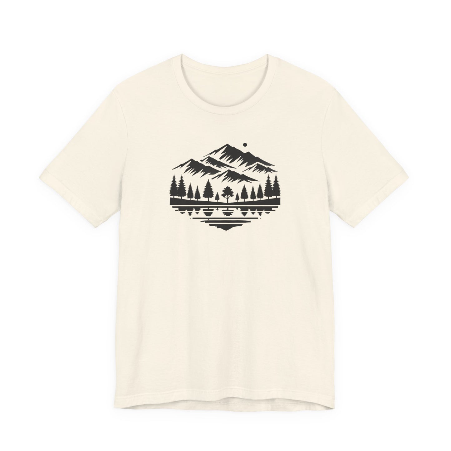 Alpine Reflection Tee | Minimal Mountain Scene with Forest and Lake - Bold Nature Graphic T-Shirt (BC3001)