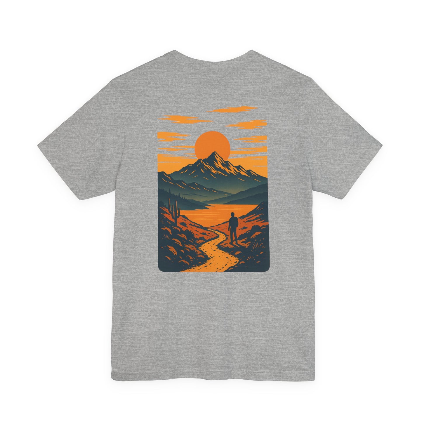 Sunset Range Tee | Vibrant Orange Mountain Landscape with Trail Hiker and Setting Sun - Bold Desert Peak Graphic Tee (BC3001)