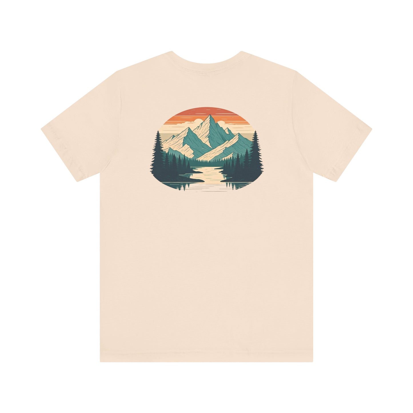 Mountain Horizon Tee | Bold Wilderness Scene with Sunset Peaks and Pine Reflection - Adventure Graphic Shirt (BC3001)