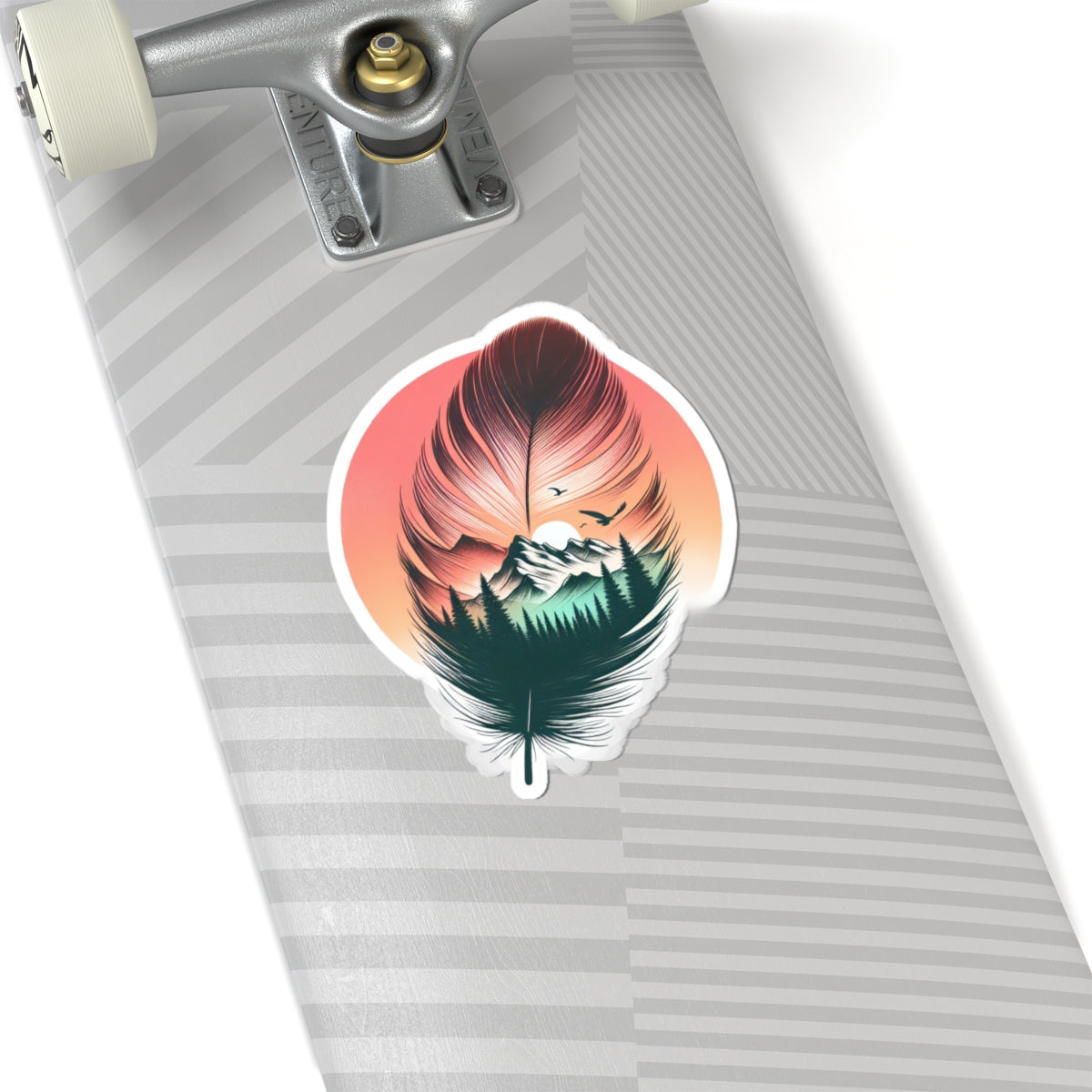 Feathered Wild Sticker | Dreamy Mountain Landscape Inside Feather with Sunset Glow – Nature-Inspired Vinyl Sticker